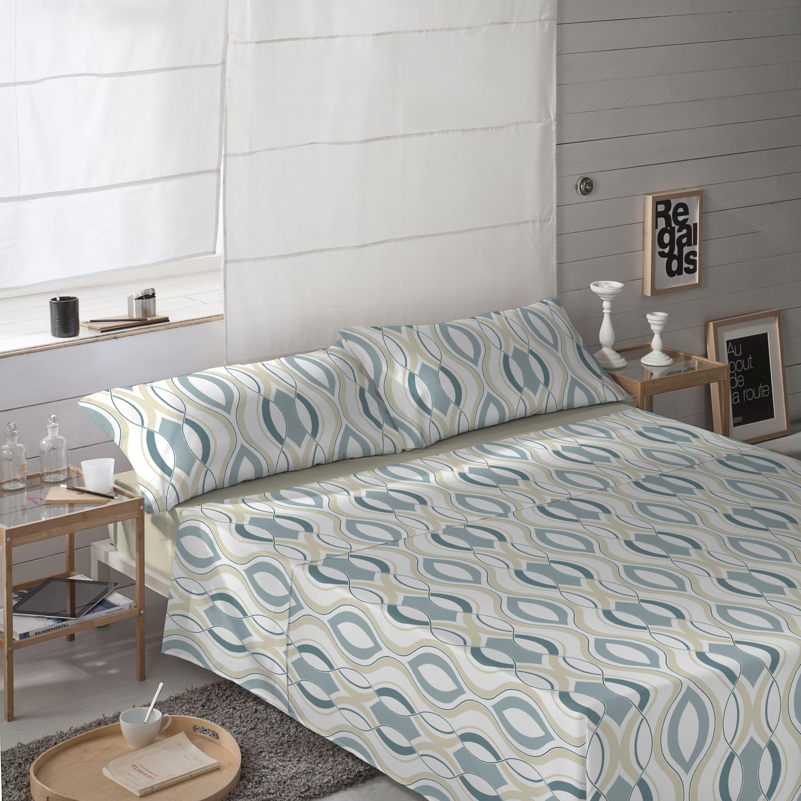 NATURALS - Juego de Sábanas Estampada Cama 150-100% Algodón Franela - Incluye Sábana Encimera + Sábana Bajera + 2 Fundas de Almohada - Extra Suave, Transpirable - Emma