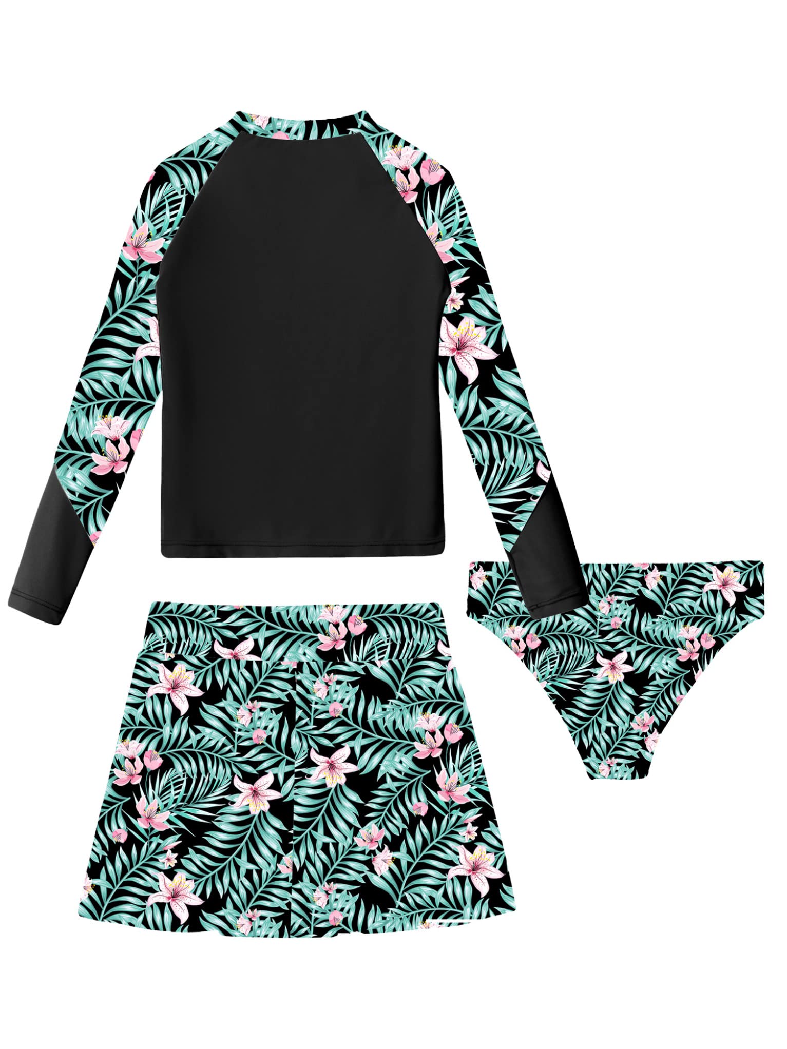 TTAO Girls UPF50+ Rash Guard Set Long Sleeve Top Swim Skirt Swim Briefs Set Bathing Suit Black&Pink 8 Years