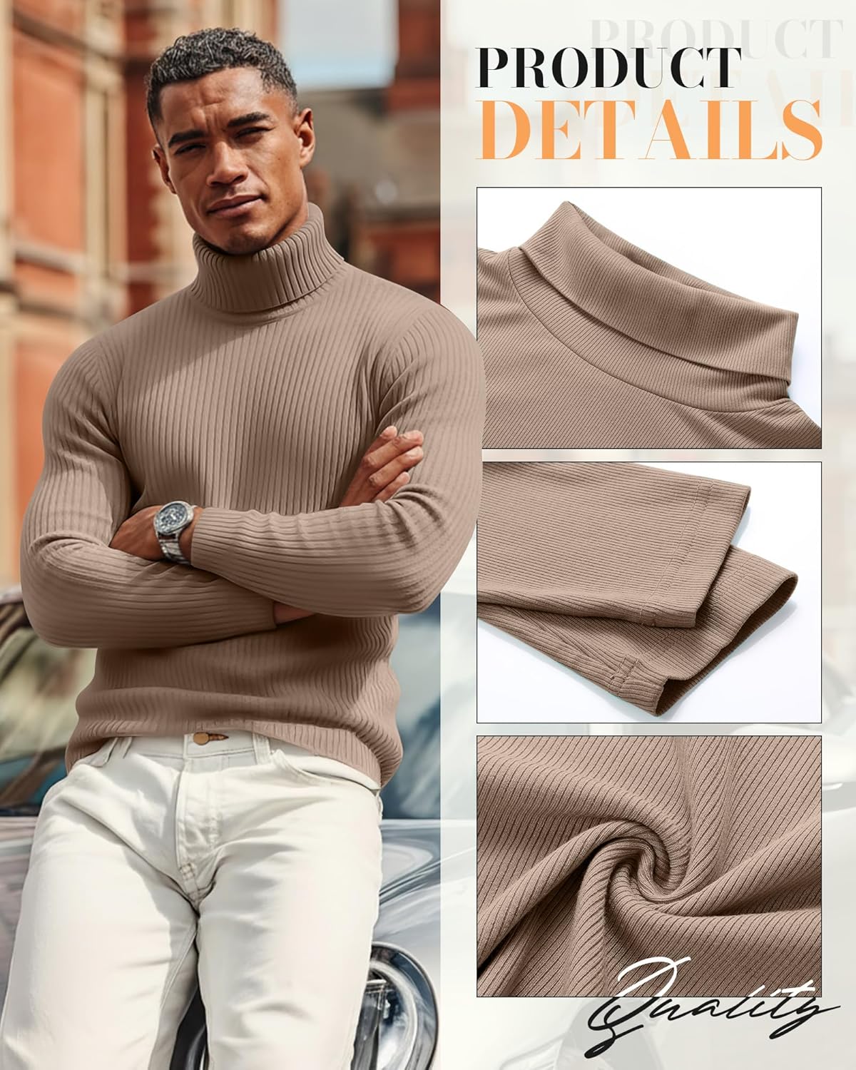 Locoowai 3 Pack Men's Ribbed Turtleneck Shirts, Long Sleeve Mock Neck Lightweight Pullover Sweaters Knit Base Layer Tee Tops