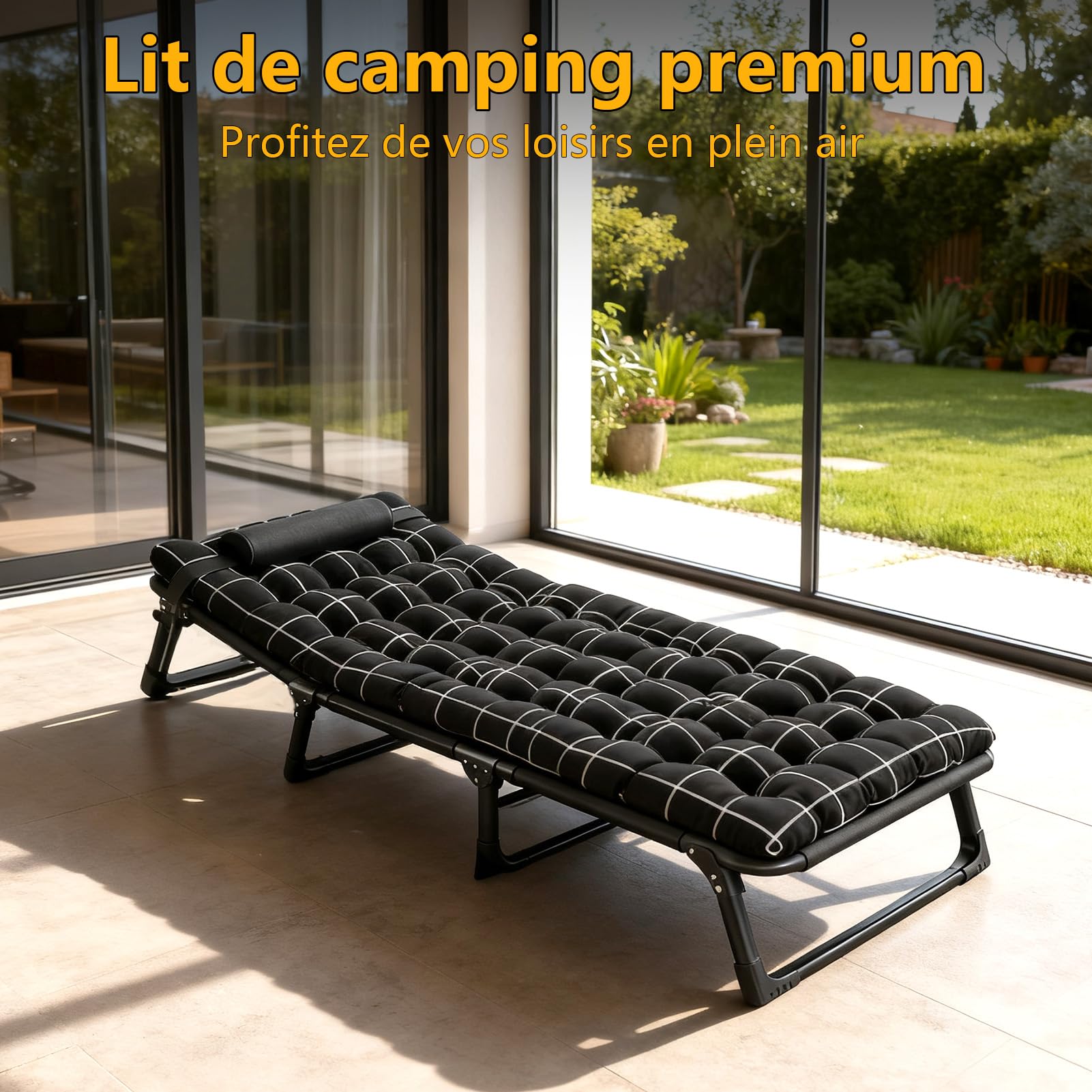 Lit Pliant 1 Personne avec Matelas en Coton Perle Faux, Lit de Camp Pliable Réglable 4 Positions pour Camping, Maison, Jardin – Cadre Acier Résistant 200kg, Compact et Portable (Noir)