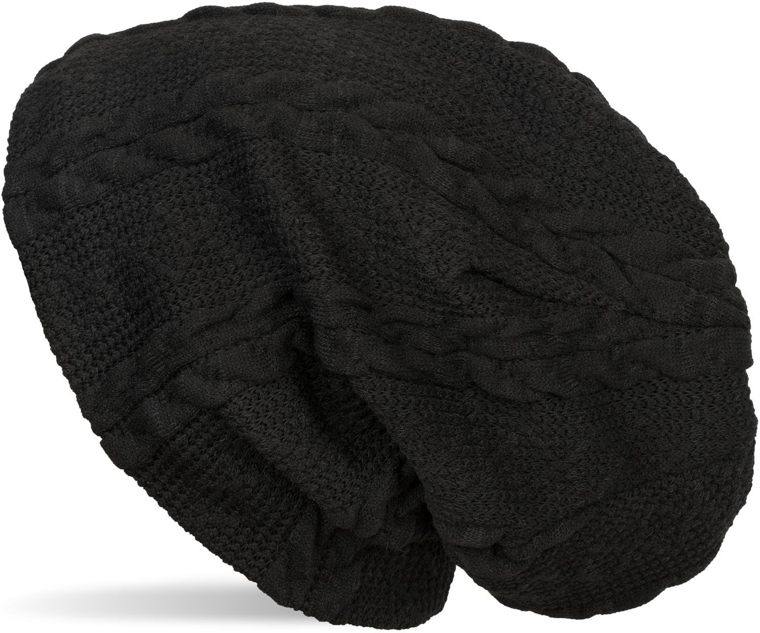 Stylebreaker Women's Black Warm Fine-Knit Beanie With Plait Pattern And Fleece Lining, Slouch Long Beanie, Unisex 04024131, Color: