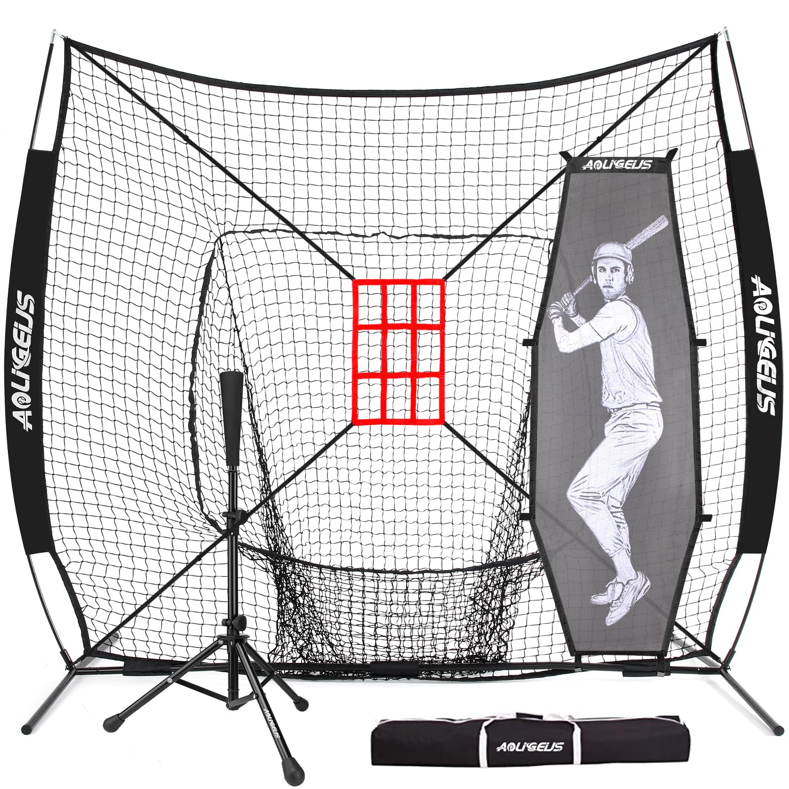 7'X7' Baseball Softball Practice Net,Pitching Net,Batting Net,with Baseball Tee,Bonus Strike Zone and Bow Frame,for Hitting,Pitching, Catching