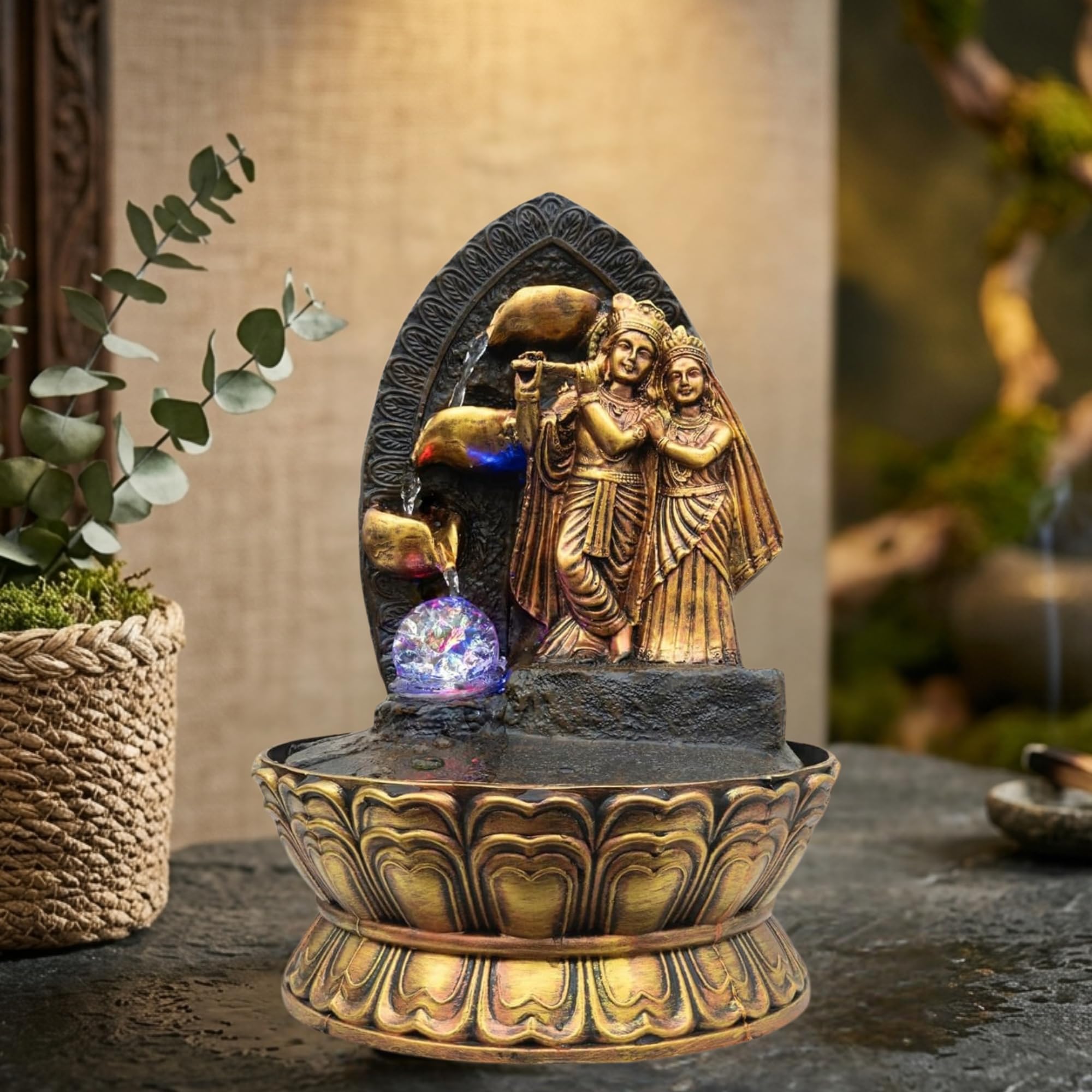 Polyresin Water Fountain with Radha Krishna Figurine, LED Lighting, Golden Bronze Finish, 16 cm Height, Home Decor-image-24
