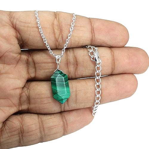Miniatura 3 de Gempires Natural Malachite Hexagon Pendant Necklace, Handmade Jewelry, 10 x 20 mm With 16 + 2 Inch Adjustable Chian (Malachite)