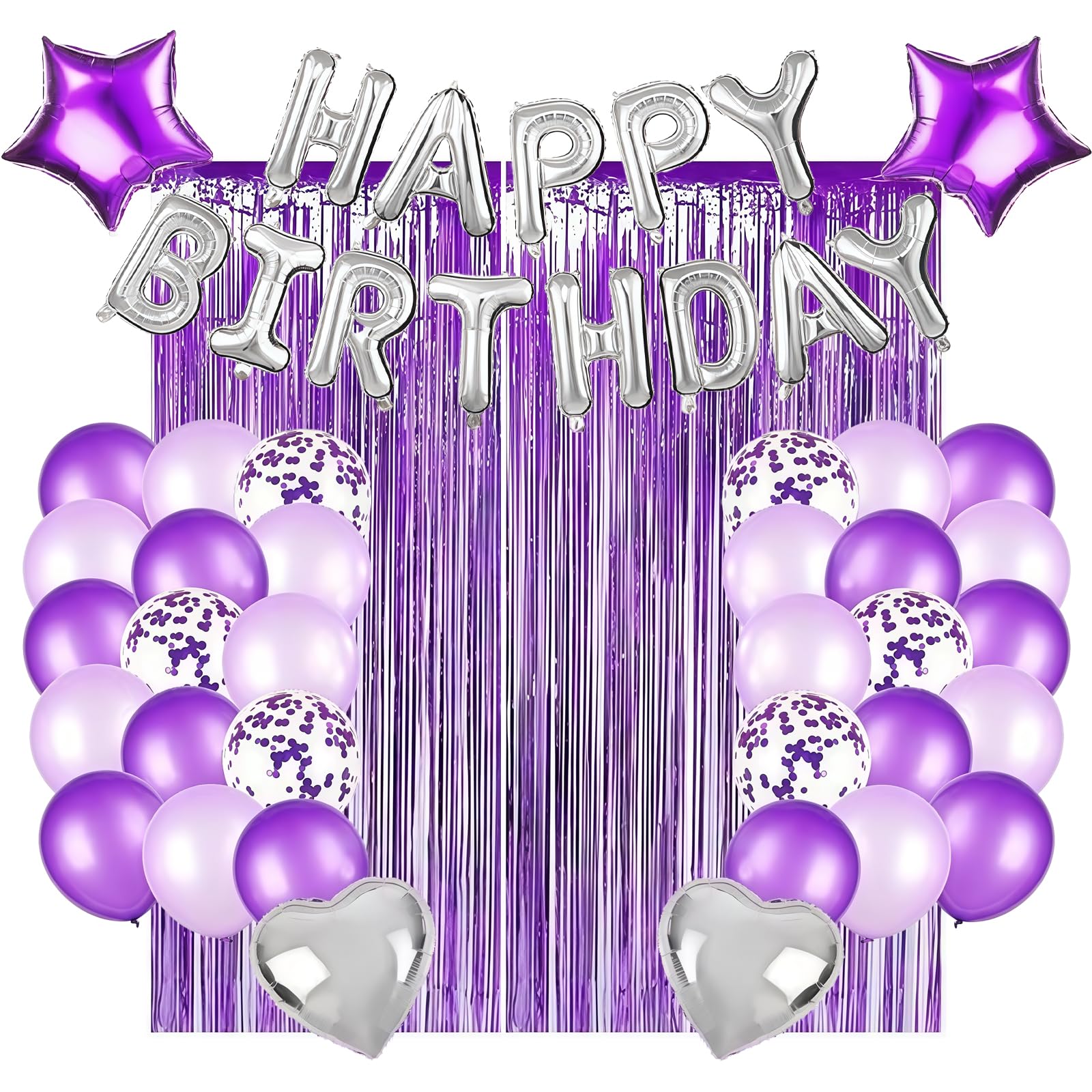 Birthday Party Decorations, Birthday Party Decoration Kit with Happy Birthday Balloons Latex Confetti Star Heart Foil Curtain adhesive tape for Party(Purple)