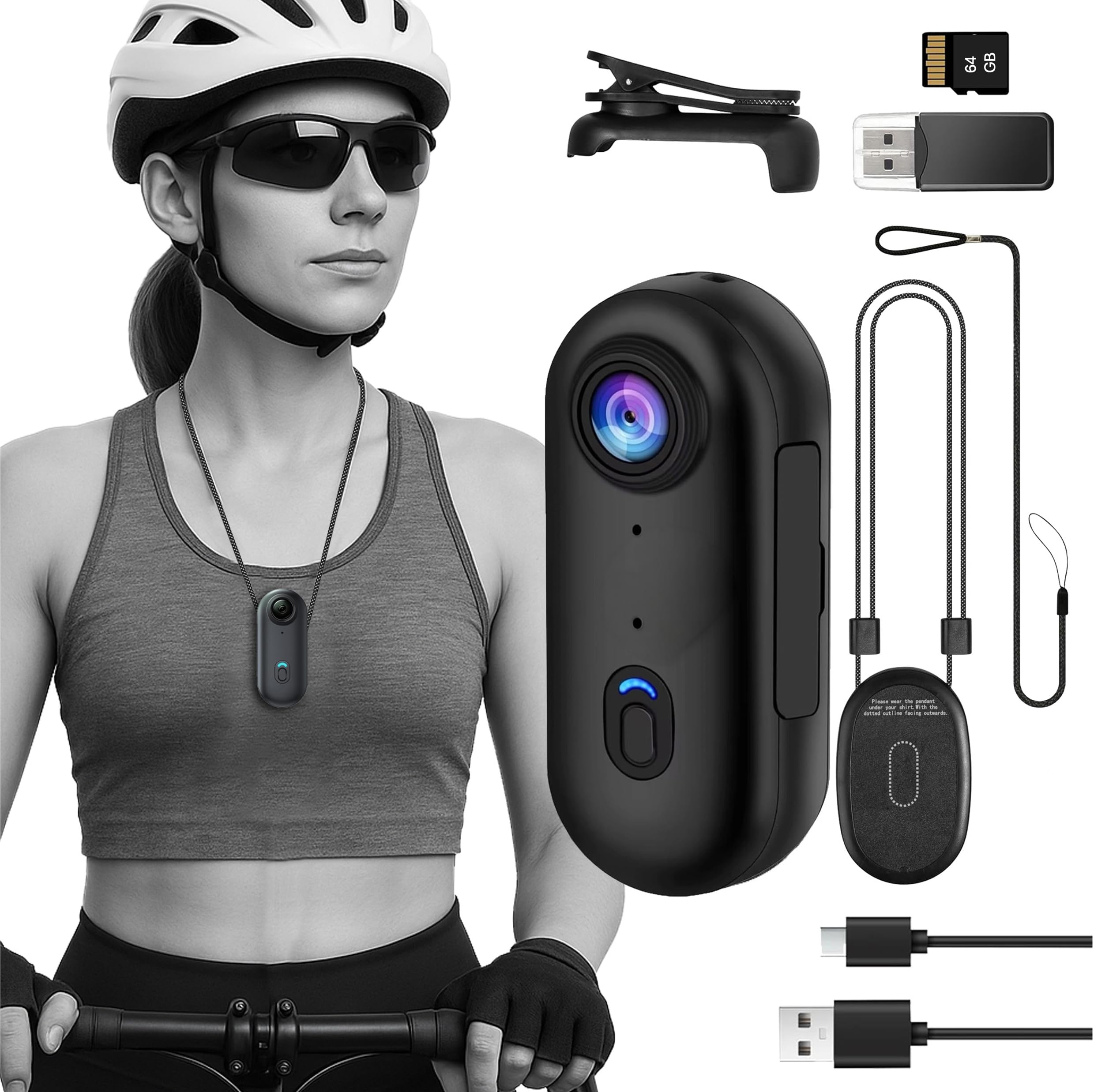 TIROL SUPPLIES Mini telecamera POV 4K UHD con cordino magnetico, registrazione MP4, visualizzazione app, ricaricabile tramite USB, supporto portatile compatto ovunque per ciclismo, escursionismo