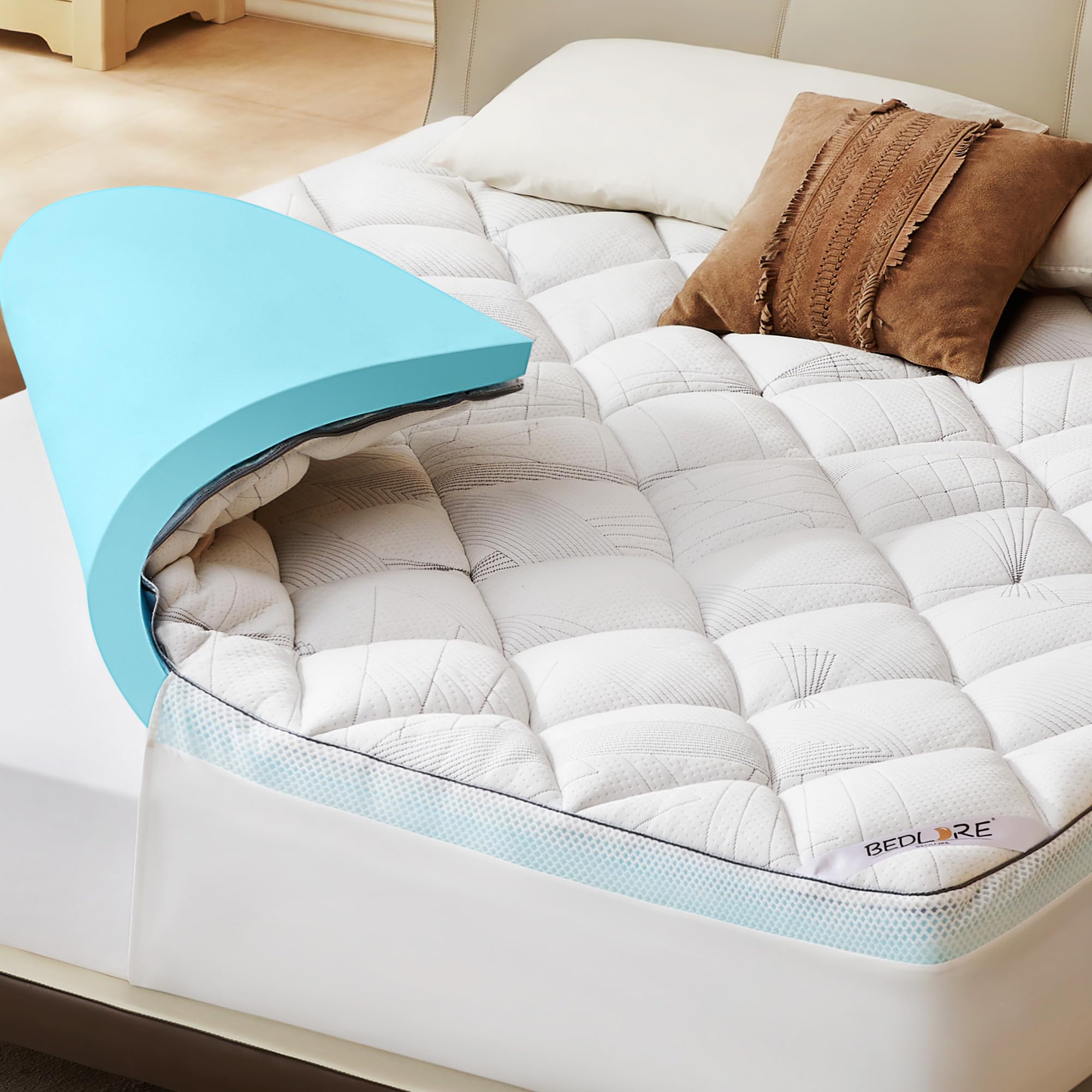 BEDLORE Surmatelas 140x190 cm, Surmatelas en Mousse à Mémoire de Forme Gel Respirant et Confort, sur Matelas 2 Personnes Grand Bonnet Extensible Jusqu’à 30 cm, Lavable en Machine, Blanc