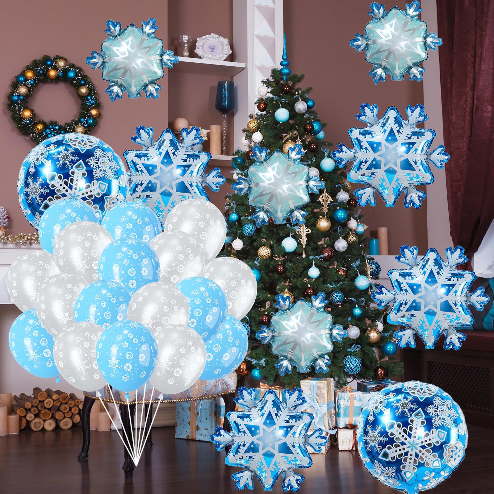 50 Stk Weihnachts Schneeflocken Ballons Set, Blau Silber Schneeflocke Folienballon in verschiedenen Formen und Latex Ballons, Weihnachten Deko Luftballon für Winter Wunderland Party Dekoration