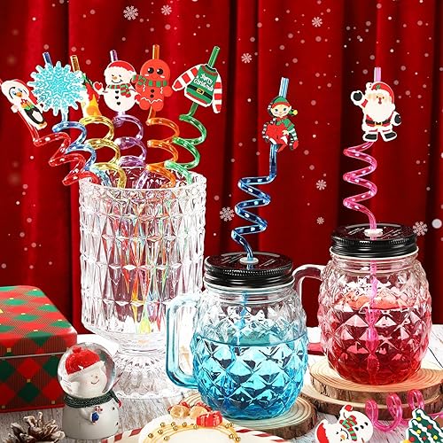 Miniatura 4 de JANYUN Pajitas de Navidad, 20 popotes de plástico reutilizables, recuerdos de fiesta de Navidad para niños, lindos copos de nieve, renos, pajitas