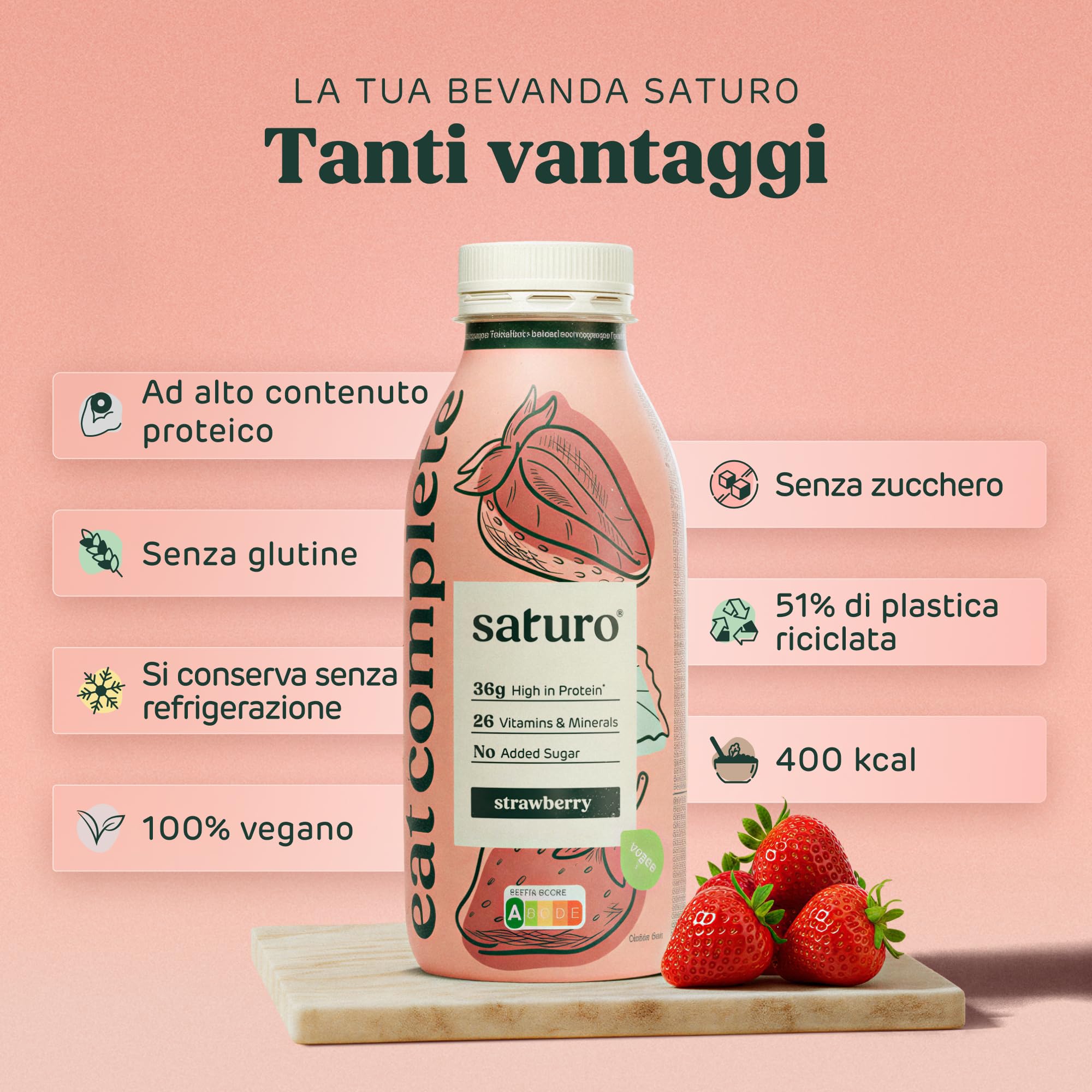 Saturo Pasto Sostitutivo Frullato Gusto Strawberry | 36 g di proteine & senza zucchero | 400 kcal | Vegano | Pasto Bevibile con Nutrienti Essenziali | Fragola | 6 x 400 ml