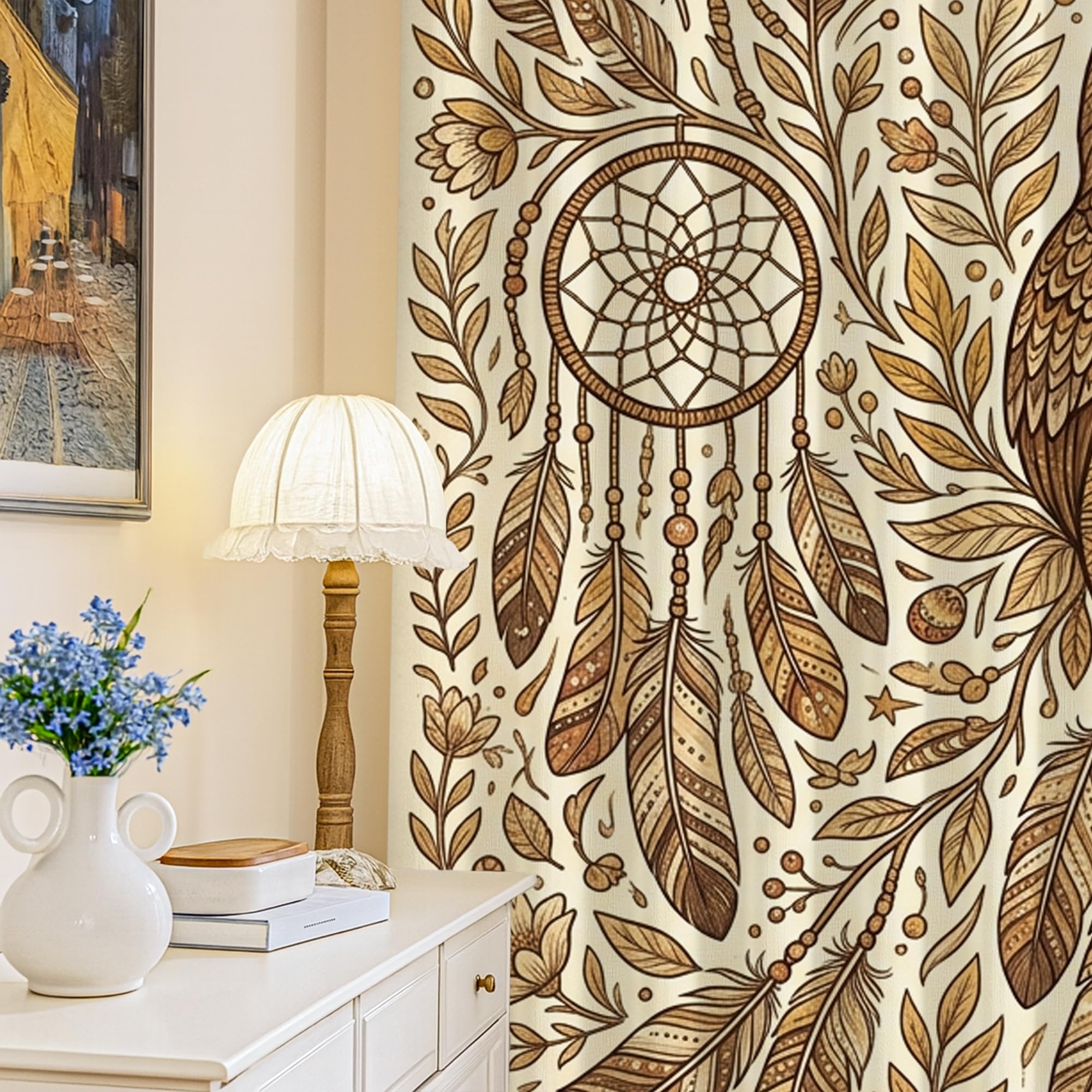 Eulenverdunkelungsvorhänge, böhmische Natur-inspirierte Traumfänger, Federn, braun, maschinenwaschbar, Ösenvorhänge für Schlafzimmer und Wohnzimmer, Fensterdekoration, 132 x 244 cm