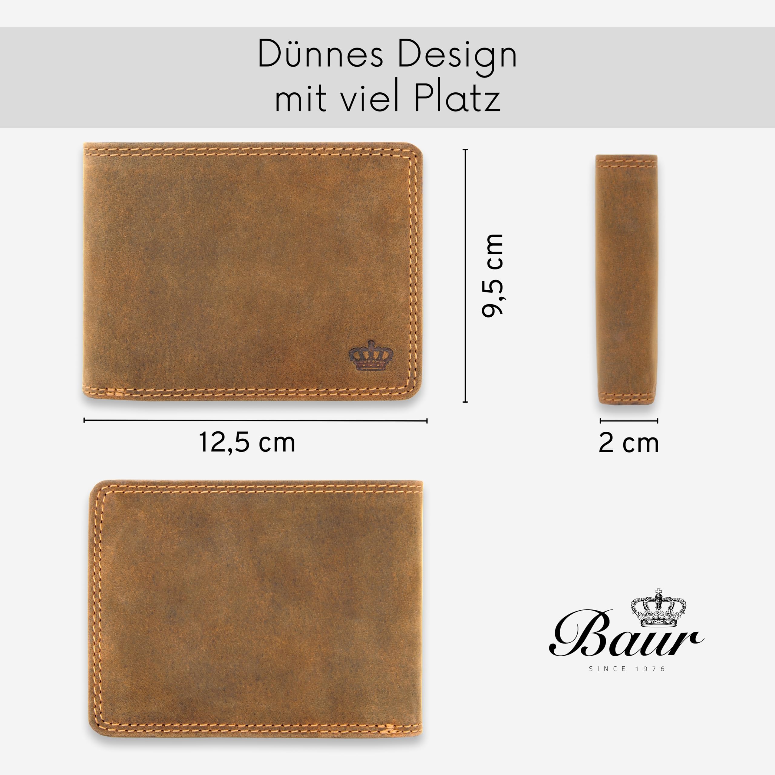 Baur męski portfel z prawdziwej skóry bawolej | z ochroną RFID | format poziomy | przegródka na monety | wiele przegródek na karty, brązowy, 12,5x9,5x2