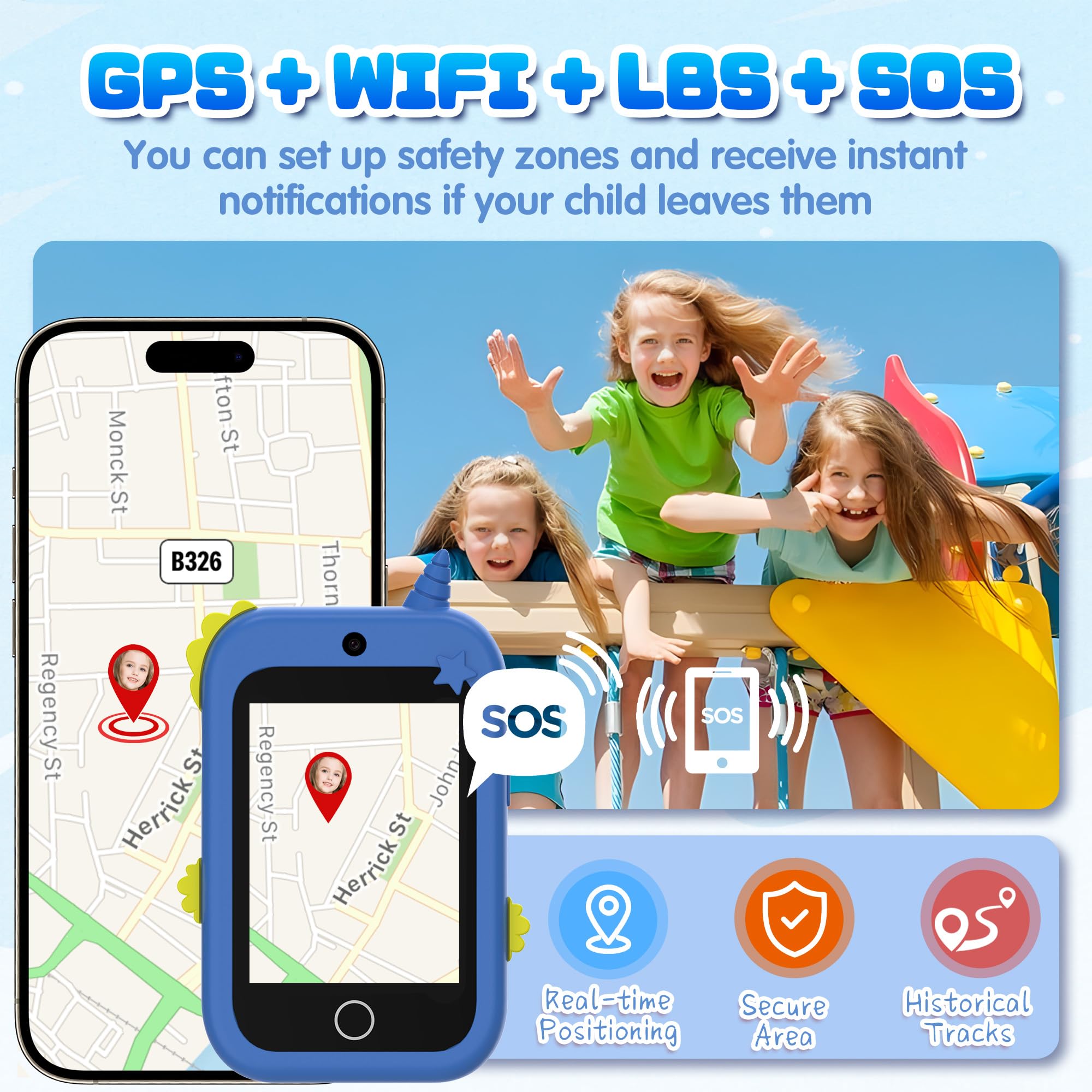 Telephone Enfant, 4G Téléphone Enfant avec GPS, Appels Vidéo, Chat Vocal, SOS, Double Caméra, Podomètre, Mode Classe, Réveil, Telephone Portable Enfant Smartphone Cadeau d'anniversaire
