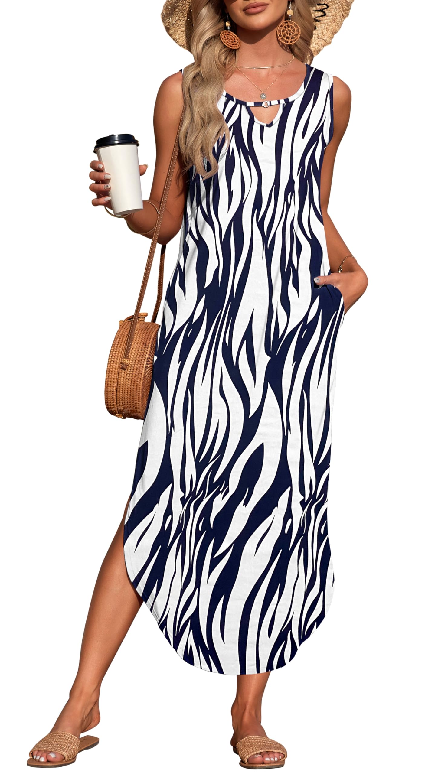 AUSELILY Summer Maxi Dresses for Women UK Sleeveless Halter Loose Beach Ladies Split Dresses with Pockets White Blue Leaves 2XL