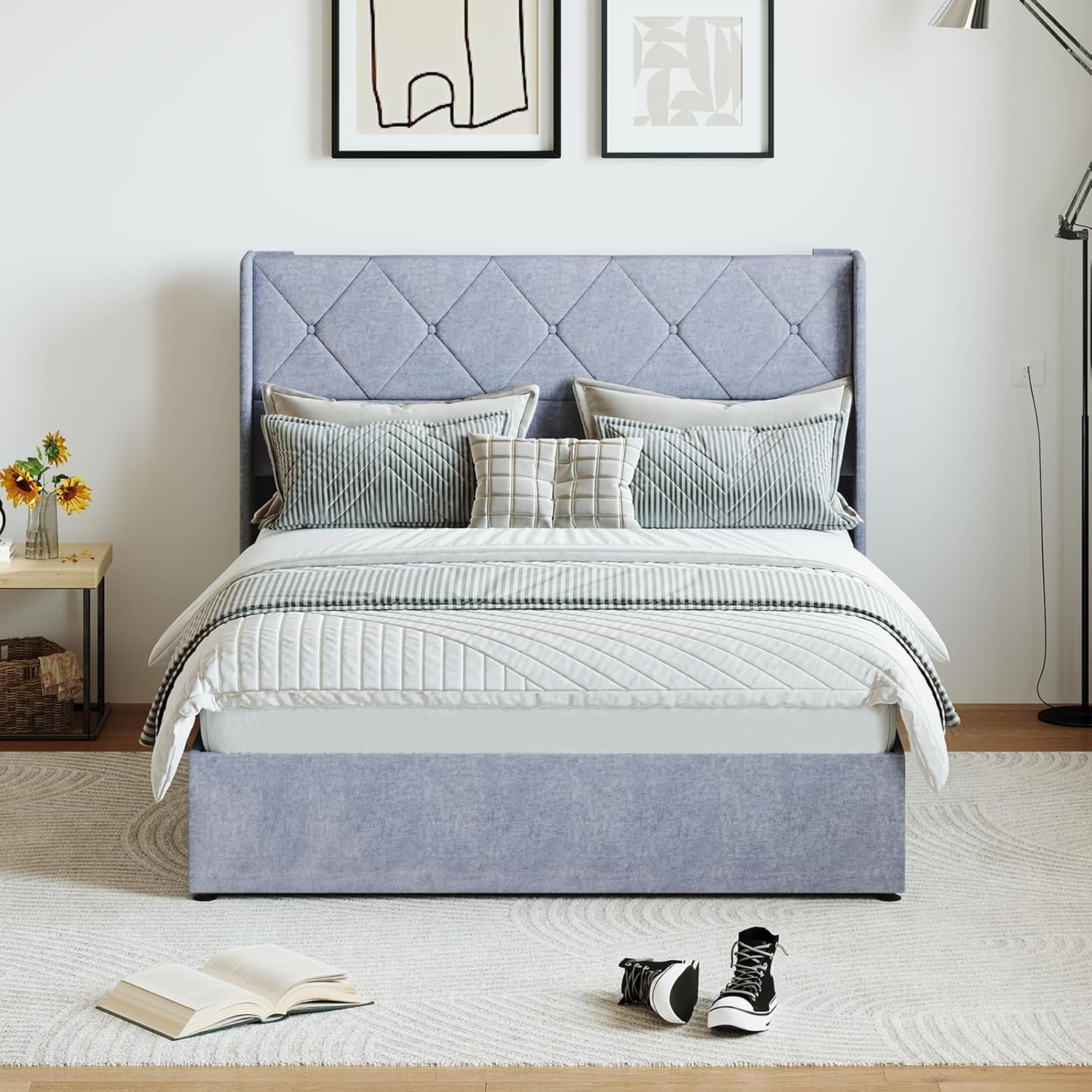 Sweetcrispy Full Size Lift Up Storage Bed, Modern Upholstered Platform Bed Frame with Wingback Headboard, Hydraulic Lift Storage, No Box Spring Needed, Easy Assembly, Grey