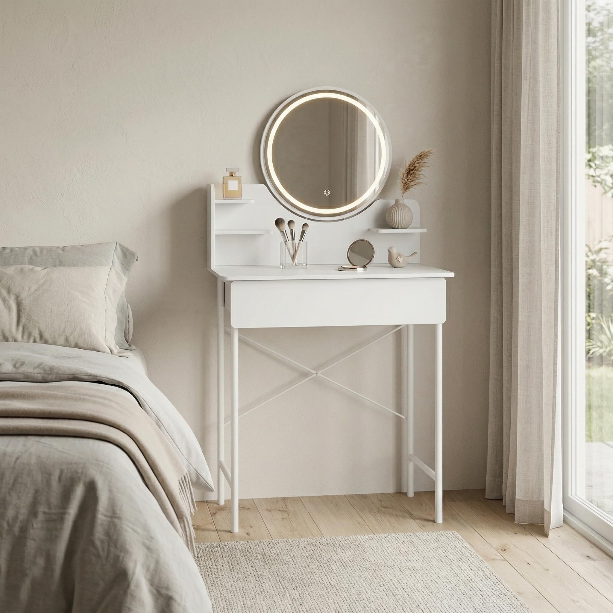 joukares Dressing Table with LED Mirror, 3 Light Modes, Makeup Vanity Desk with Drawer, 3 Storage Shelves, Compact Dressing Table for Small Spaces (White)