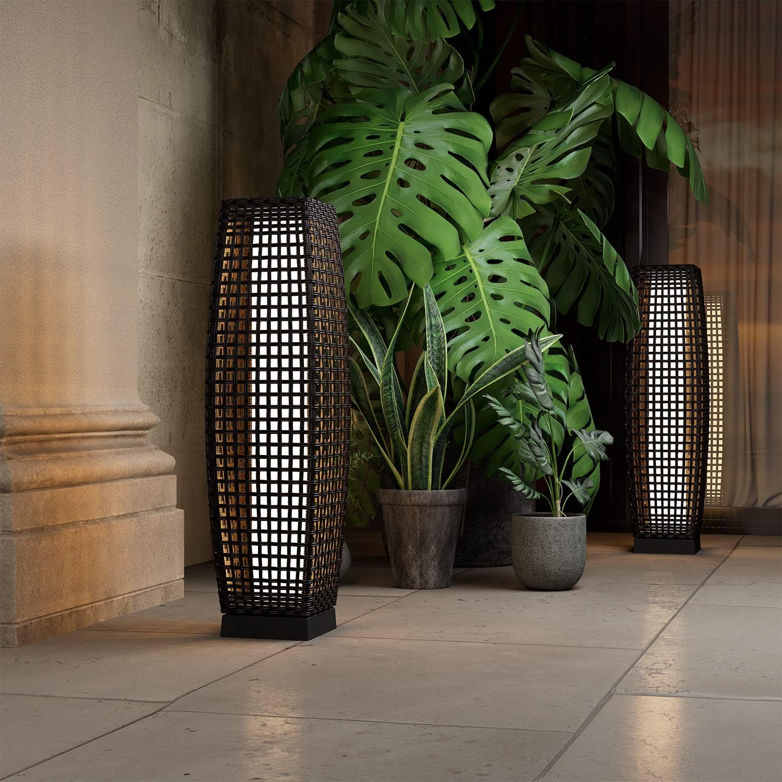 Grand patio Outdoor Floor Lamp Solar Powered Lantern Water-Resistant Wicker Deck Light for Garden or Porch - Large Fuji 2 PCS, Dark Brown