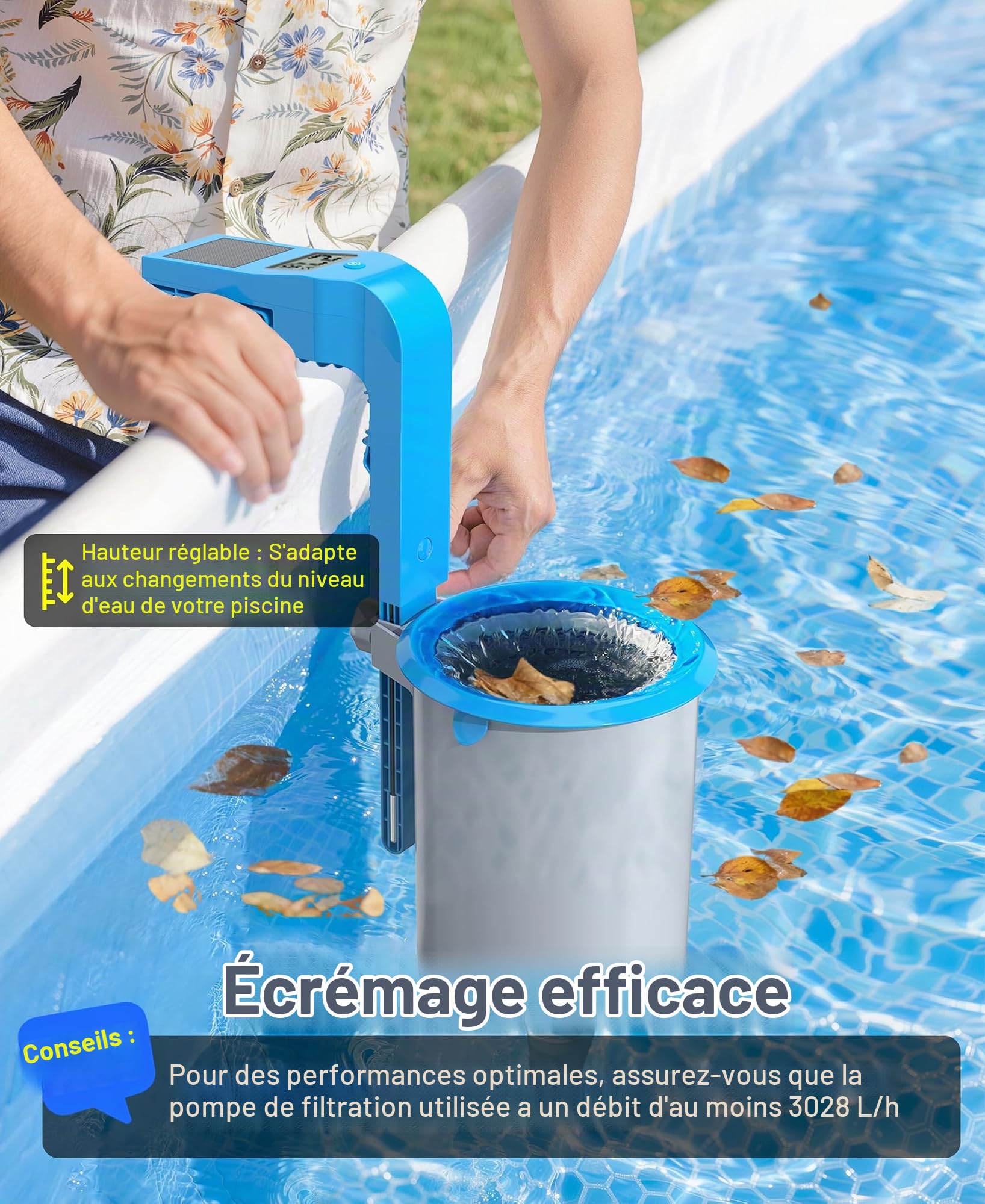LuxBlue Skimmer Piscine Hors Sol avec Thermometre Piscine Solaire Digital, Skimmer de Surface Mural avec Support Réglable,Ecumoire Piscines Haute Résistance,Ramassage automatique de Feuilles et Débris