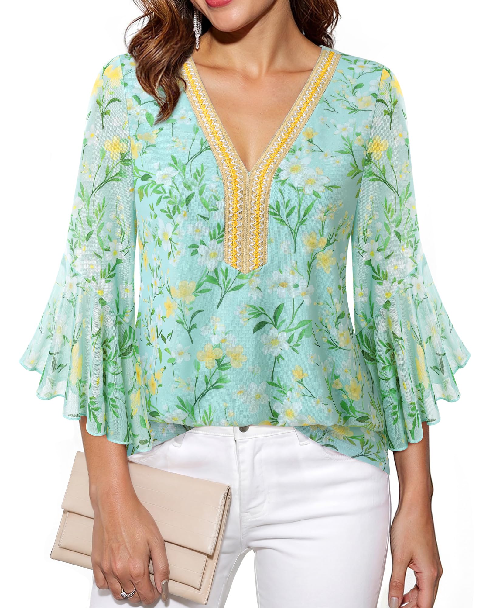 Bodhi talk Elegante camicetta da donna a 3/4, maniche a volant, con brillantini, tunica con scollo a V, a doppio strato, in rete, ideale per tutti i giorni e le feste
