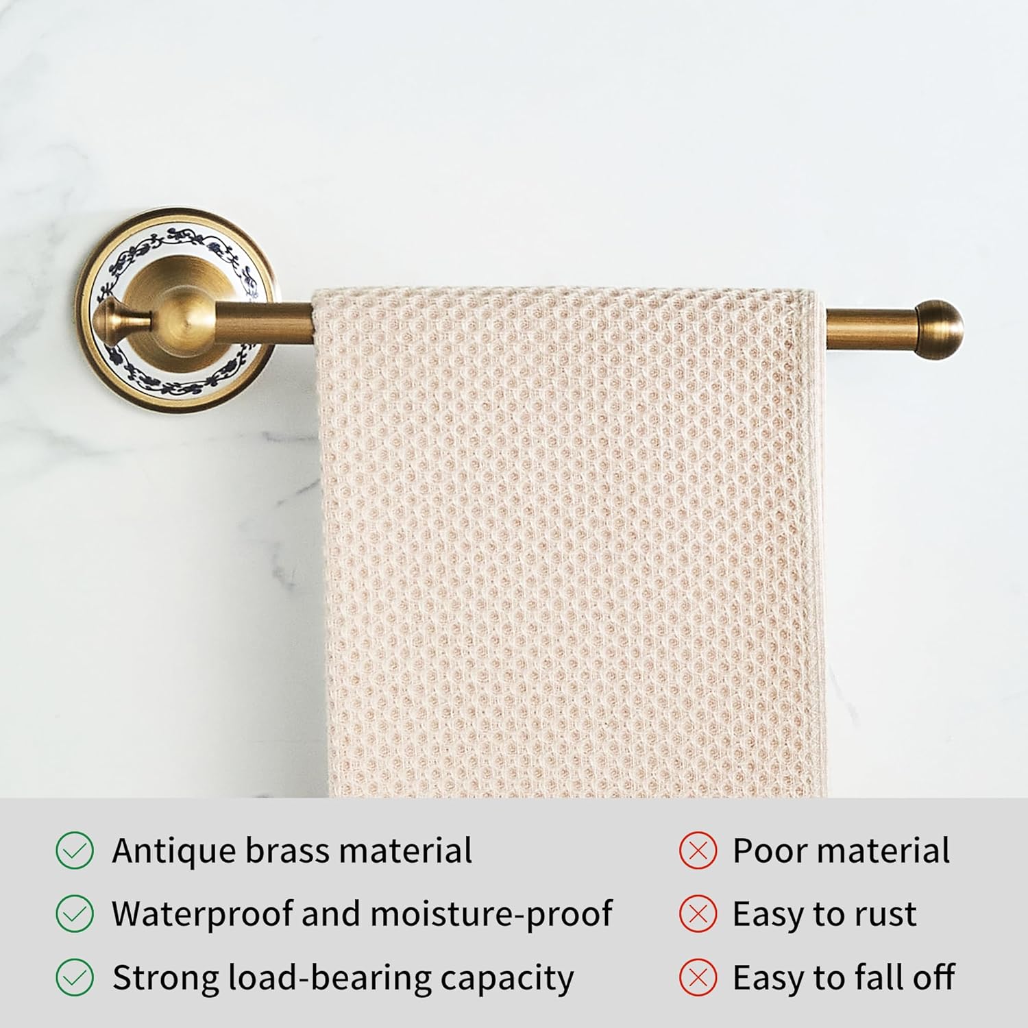 Hand Towel Bar for Bathroom Antique Bronze Brass, Rustproof Wall Mounted Towel Rack Hanger Bathroom Hardware Accessories Towel Holder,Porcelain Design