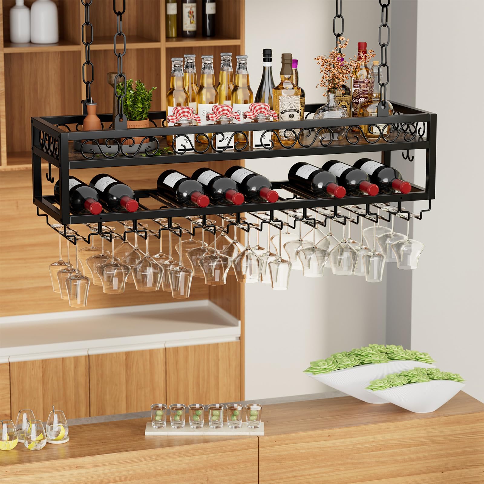 Estantería de techo para vino, altura ajustable, con soporte de cristal y cadena de hierro, 2 capas, estilo industrial, para bares, restaurantes, cocinas, cafeterías