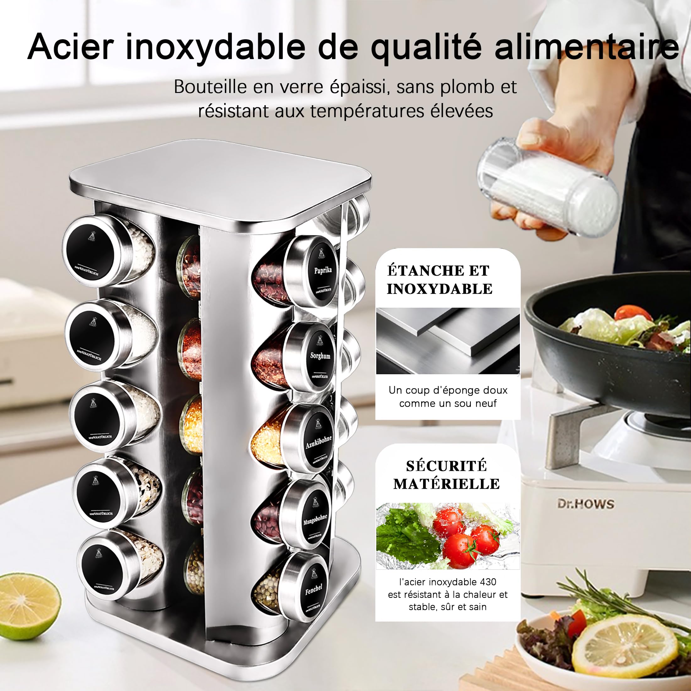 SAEIV Organiseur d'épices avec 20 bocaux en acier inoxydable, porte-épices pour tiroirs de cuisine, étagère à épices permettant de gagner de la place sur le plan de travail et dans les placards