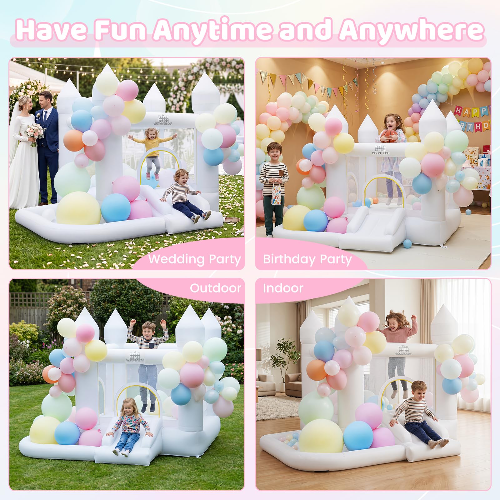 COSTWAY Hüpfburg mit Gebläse, Rutsche, Sprungbereich, Basketballkorb | Bouncy Castle mit 100 Luftballons & Bällebad für Kinder, Innen- und Außenbereich, Weiß, 252 x 242 x 191,5 cm