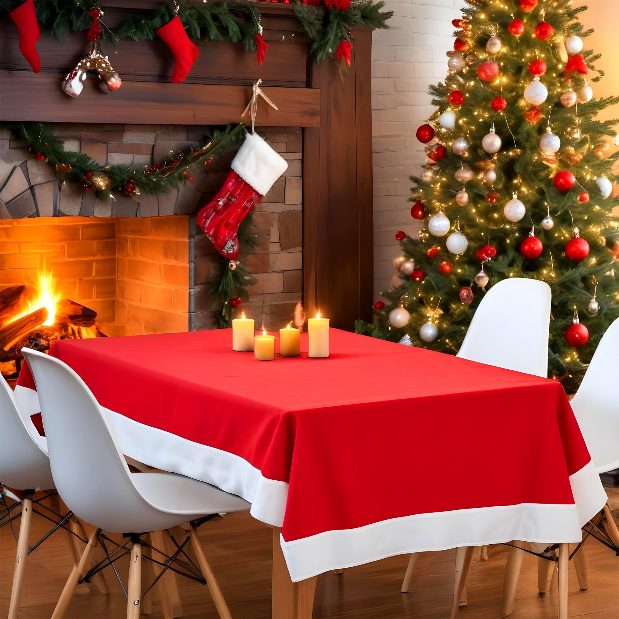 WedDecor Tovaglia rettangolare in tessuto per Natale, sala da pranzo e decorazione per le vacanze, tovaglia rossa con bordi orlati bianchi come la neve, rettangolare, 178 x 132 cm, bordo rosso e