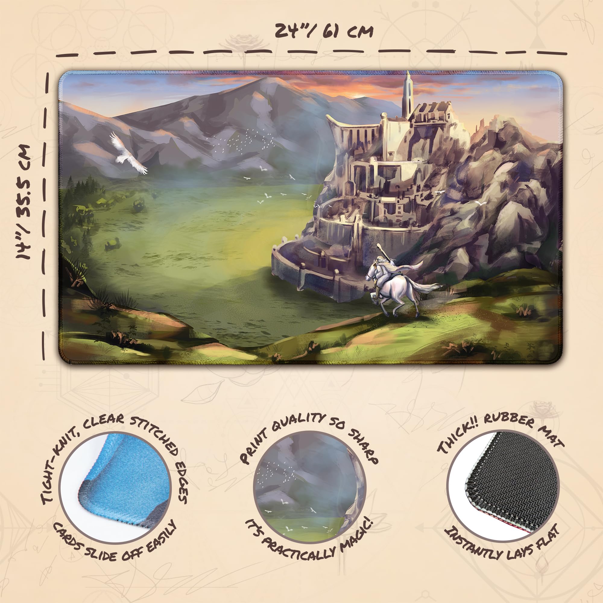 Minas Tirith (Bordes cosidos) - Alfombra de Juego El Señor de los Anillos - Compatible con tapete de Juego Magic The Gathering - Juega a MTG, YuGiOh, TCG