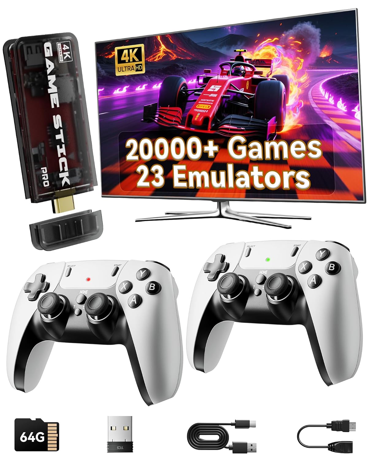 2025 Retro Gaming Console Pro 4K HDMI with 20,000+ Built-in Classic Video Games, Retro Game Stick with 23 Emulators Plug & Play TV Video Gaming Stick with 64GB Memory Transparent Black