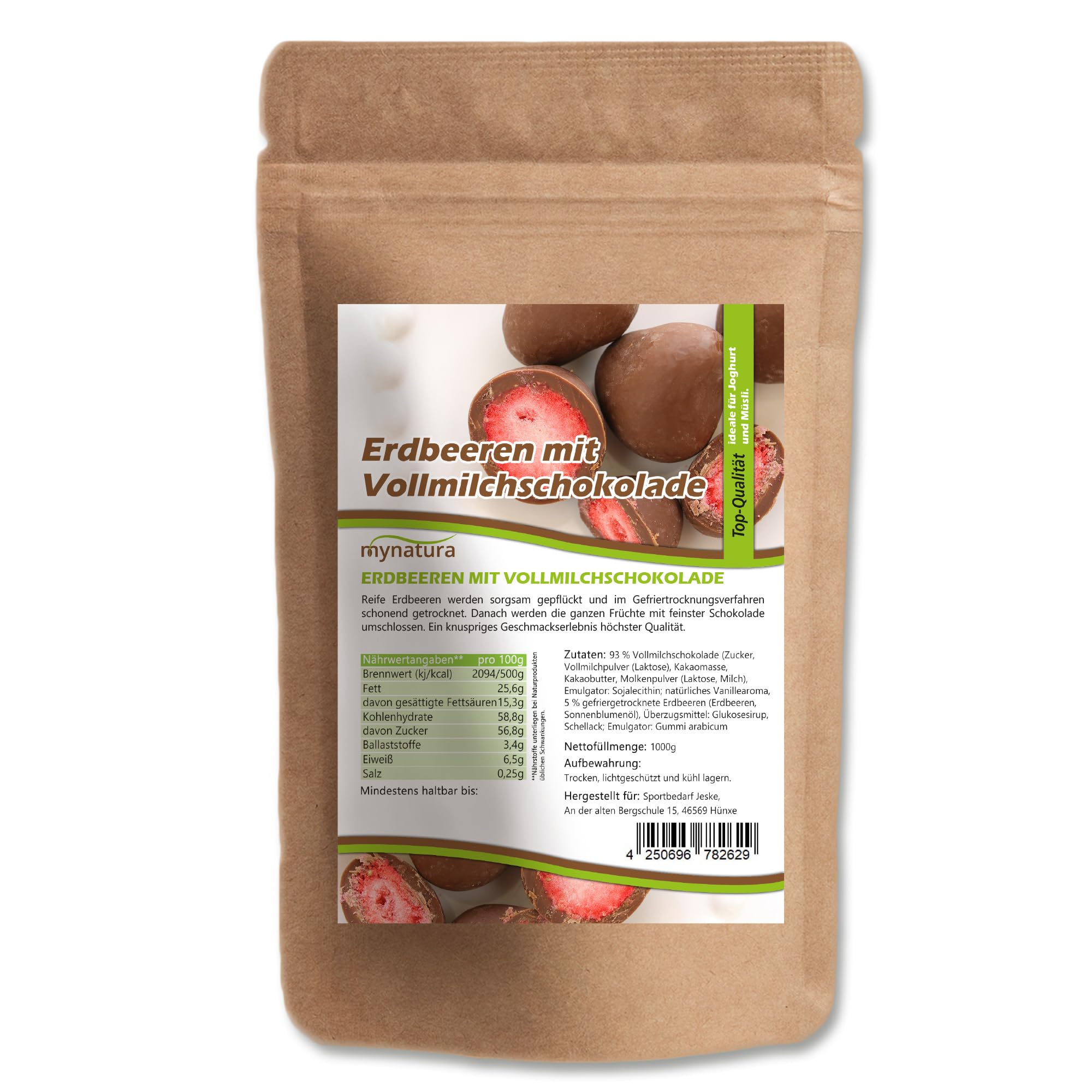 Mynatura Erdbeeren, gefriergetrocknet, in Vollmilchschokolade I Erdbeeren I umhüllt von Schokolade I Müsli I Snack I Süß I Beutel (2x 1000g)