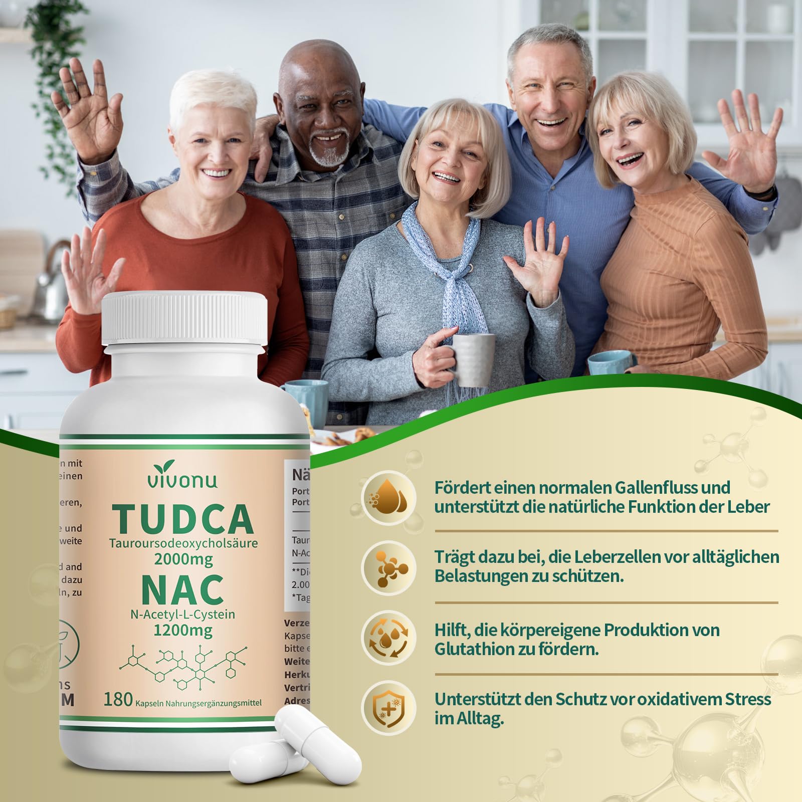 VivoNu TUDCA 2000mg & NAC 1200mg Kapseln Hochdosiert, 180 vegane Kapseln, Zellschutz & Vitalität, Fördert Stoffwechsel & Verdauung,Unterstützt gesunde Zellalterung, Natürliche Antioxidantien