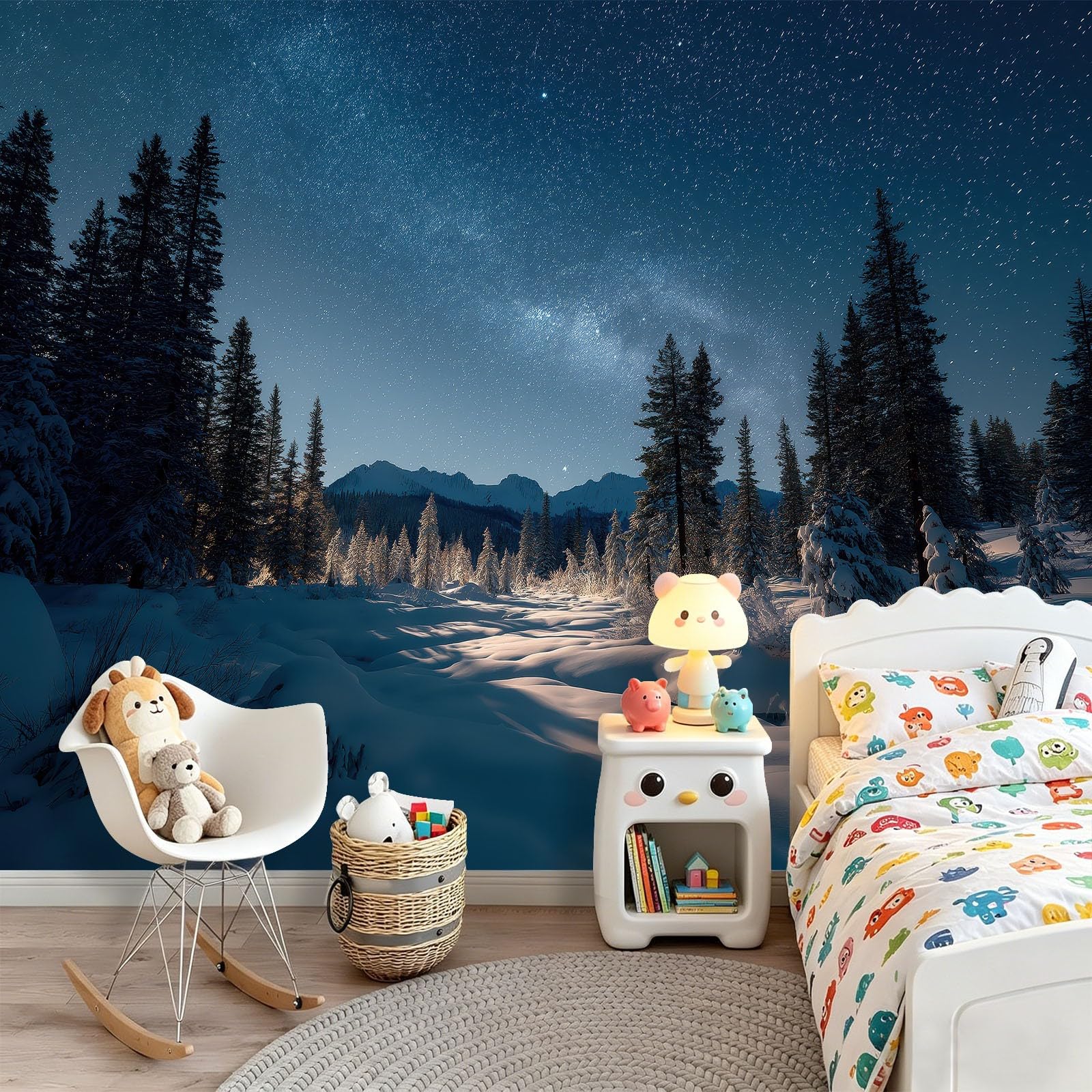 Natura noc 300 x 210 cm XXL fresk ścienny do dużego salonu i przestrzeni handlowej, tapeta z włókniny droga mleczna ośnieżone góry drzewa panoramiczna ściana akcentująca, nowoczesny design