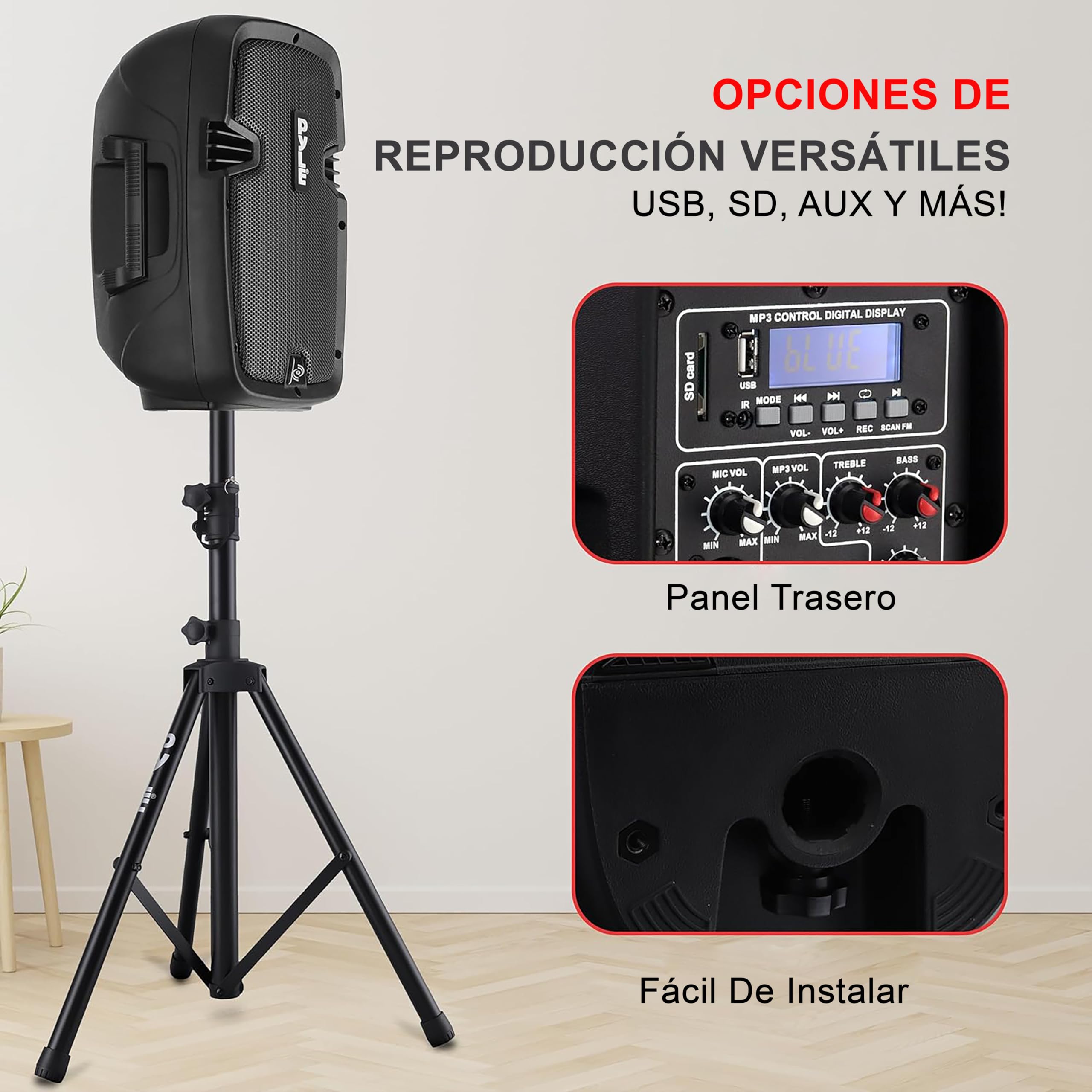 Pyle Altavoz autoamplificado Bluetooth, 8”, PA, Profesional, 700W, Activo, Pasivo, Exteriores, USB/SD/MP3 aux, Pack de 2, Tripodes, Karaoke, Microfono, Control Remoto, Color Negro
