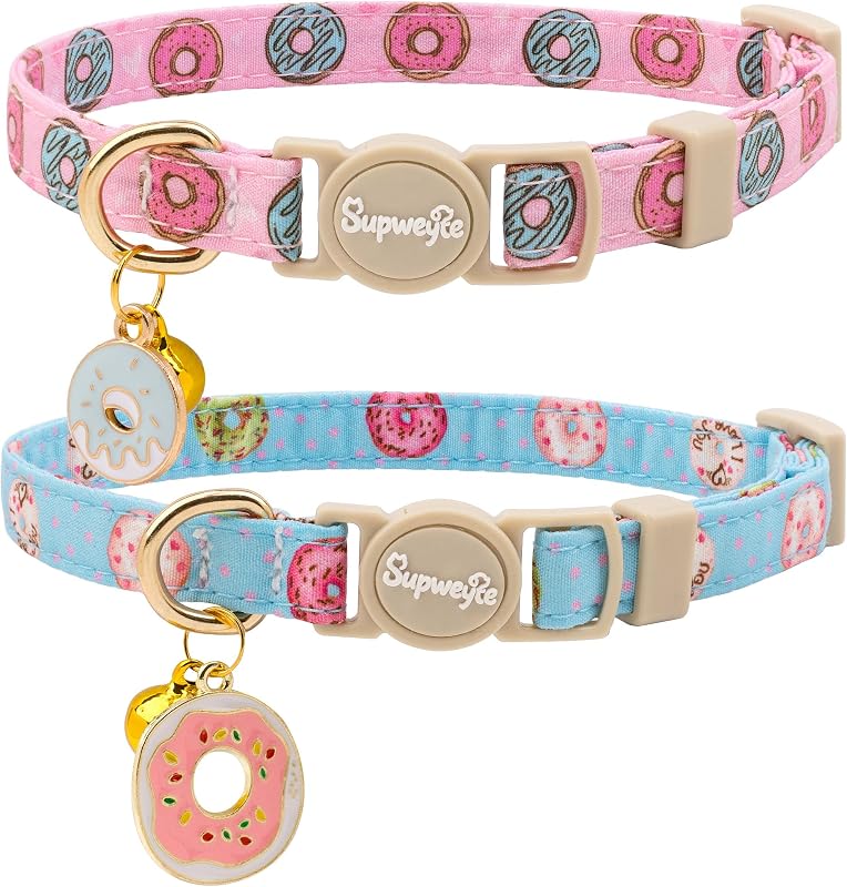 Coleira para Gatos com Fivela de Segurança, Estampa de Donuts e Guizo Removível supweyte – Pacote com 2