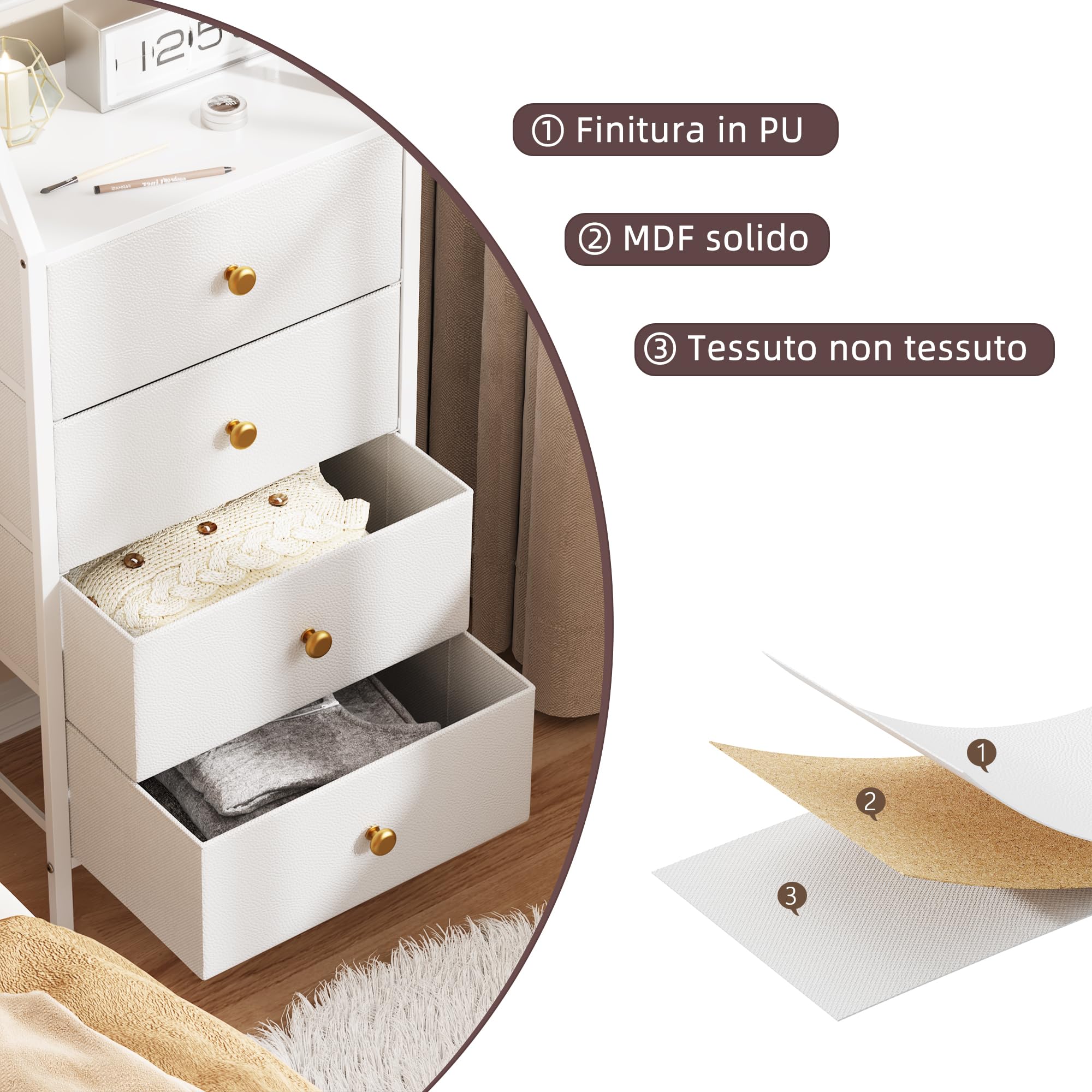 Cassettiera Alta Specchio Regolabile, 4 Cassetti Tessuto, Bianco | Mobile Salvaspazio | Cassettiera con specchio | Cassetti in tessuto | Camera da Letto | Ingresso | Corridoio | Soggiorno