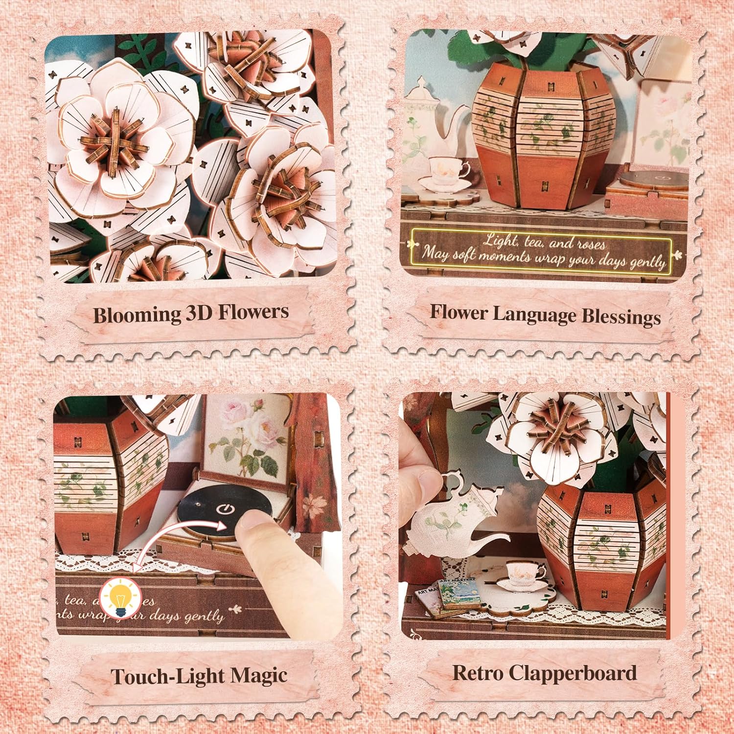 3D Wooden Puzzles for Adults - Pink Roses DIY Model Building Kits with LED Light, 3D Wall Art Home Decor Unique Puzzle Gift for Friends, Family or Christmas