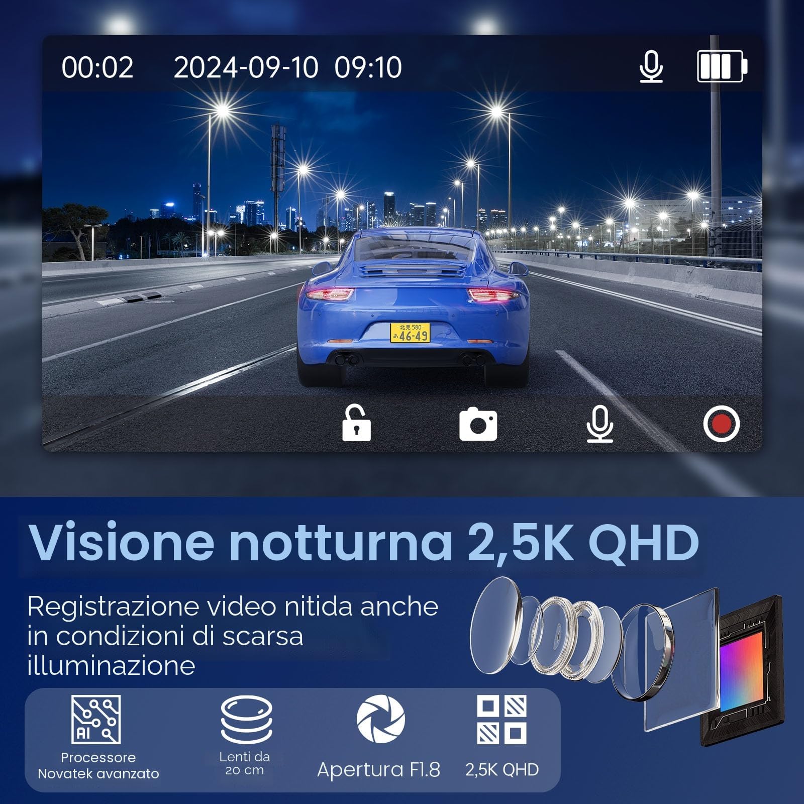 Dash Cam Auto 2.5K QHD 3.39 IPS con Scheda 64GB Gratis - Telecamera Anteriore e Posteriore, Doppia Lente,Visione Notturna 160°,Parcheggio 24H,G-Sensor | Accessori Auto per Sicurezza