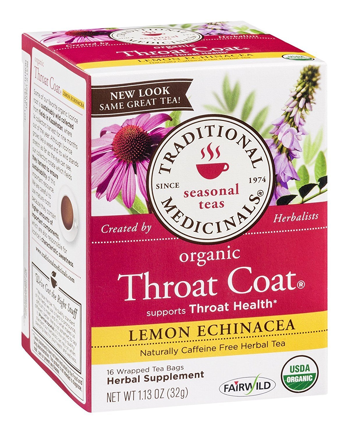 Traditional Medicinals Organic Throat Coat Lemon Echinacea Herbal Tea, Supports Throat Health, (Pack of 3) - 48 Tea Bags Total