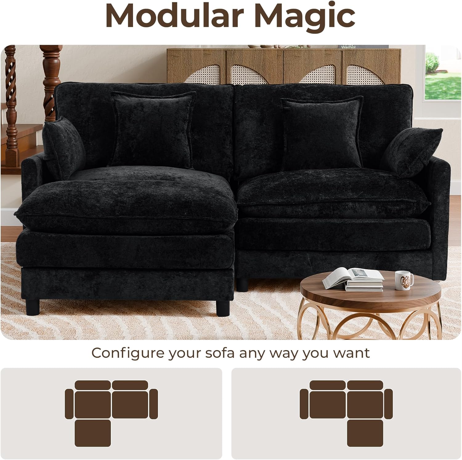 77'' L Shaped Cloud Couch, 3-Seater Modular Sectional Sofa with Double Layer Upholstered Seat Cushion, Chenille Deep Seat Couches with Ottoman & Pillows for Living Room & Apartment, Black