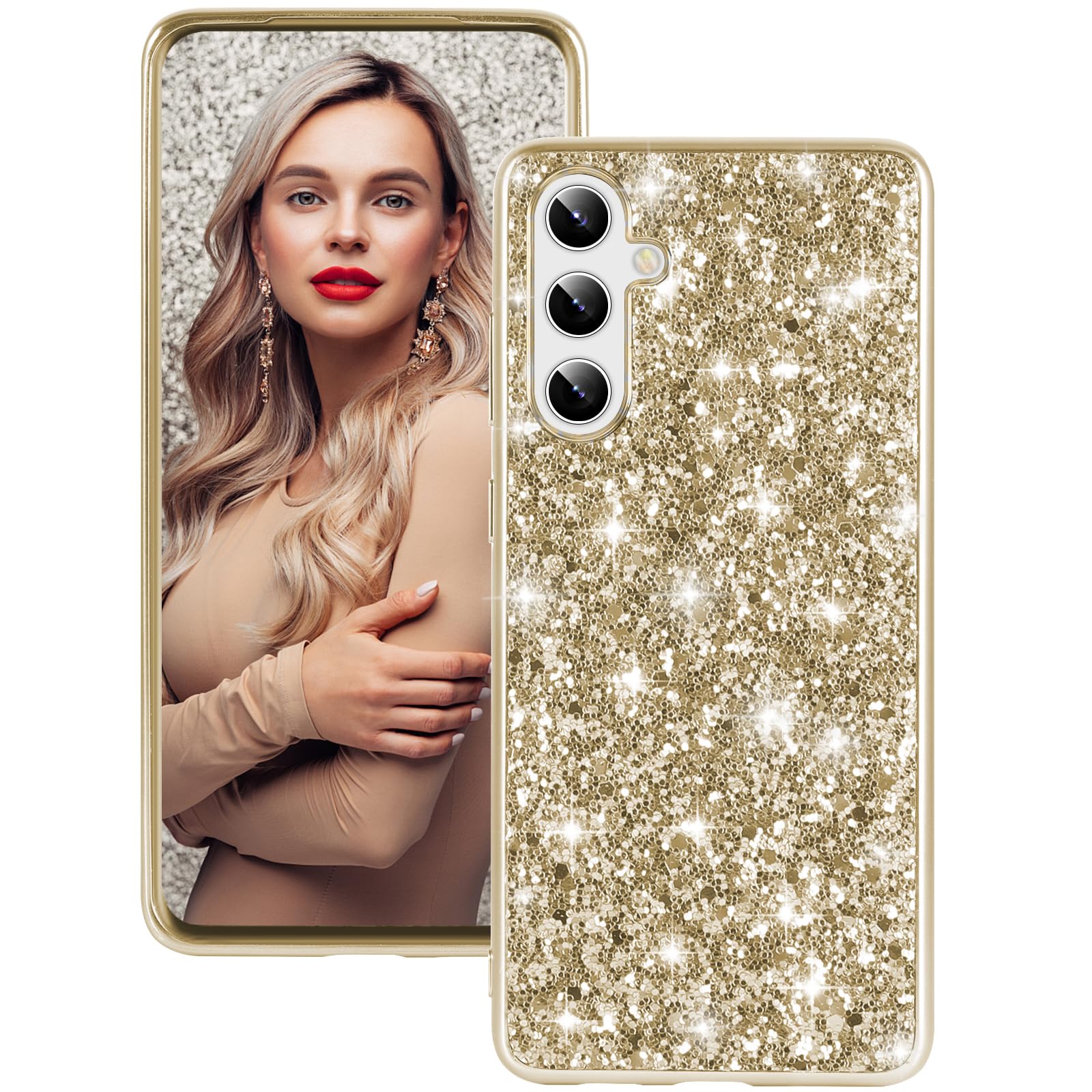 Silicone Case for Samsung Galaxy S24 FE 5G Case Glitter Sparkle Bling, Hybrid Matte Back Case High Impact Heavy Duty Shockproof Protective Cover for Samsung S24 FE Cute Case for Women 6.7" (Gold)
