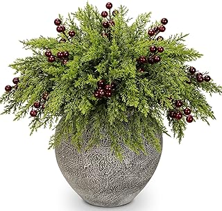 40 Pcs Artificial Pine Branches with Berry Stems - 11 Inch Real Touch Norfolk Stem Faux Christmas Foliage Greenery Twigs Evergreen Sprigs for Vase DIY Crafts Garland Wreath Xmas Home Decor (Red)