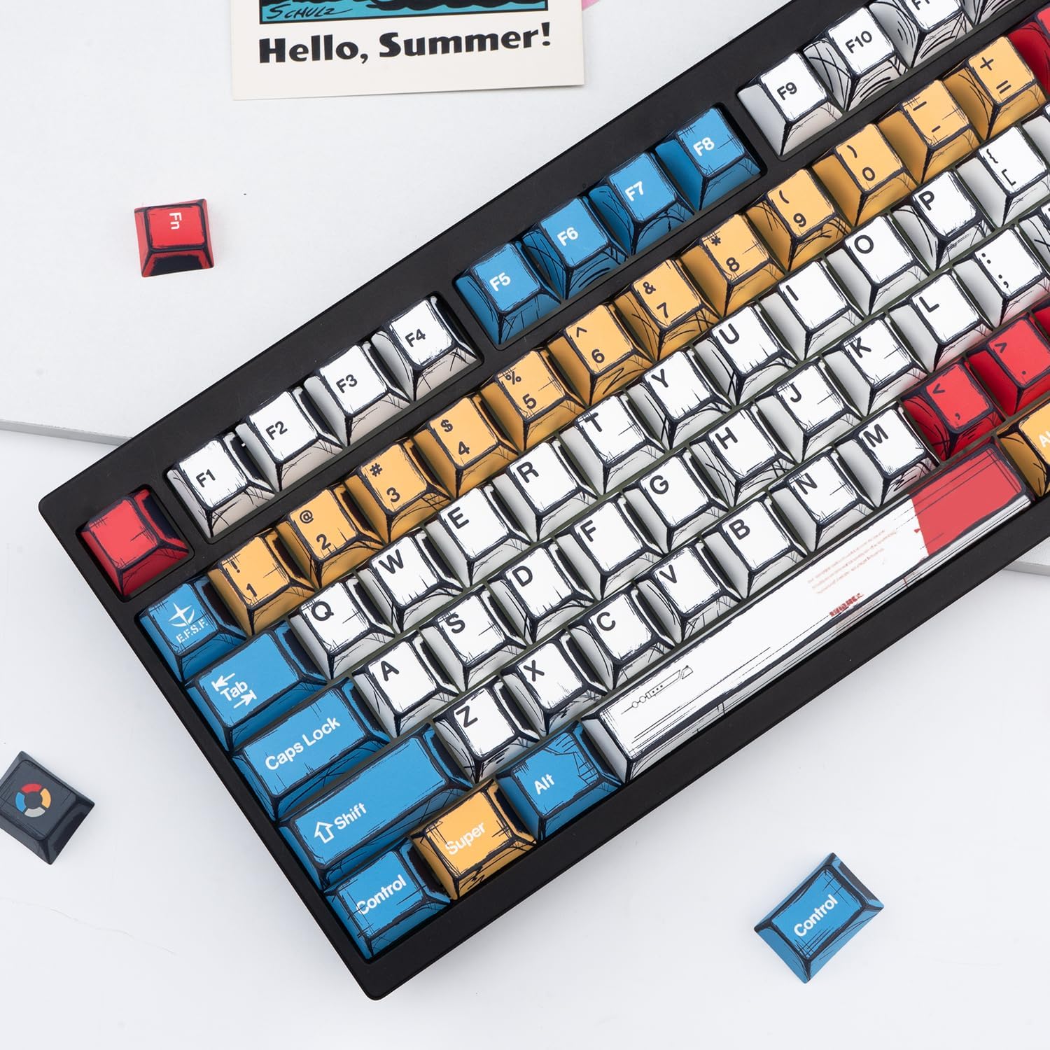 Manga PBT Keycaps - Cherry Profile, Dye Sublimation Custom Blue and White Anime Key Caps for 60% 65% 75% 100% Mechanical Gaming Keyboard, 150 Keys