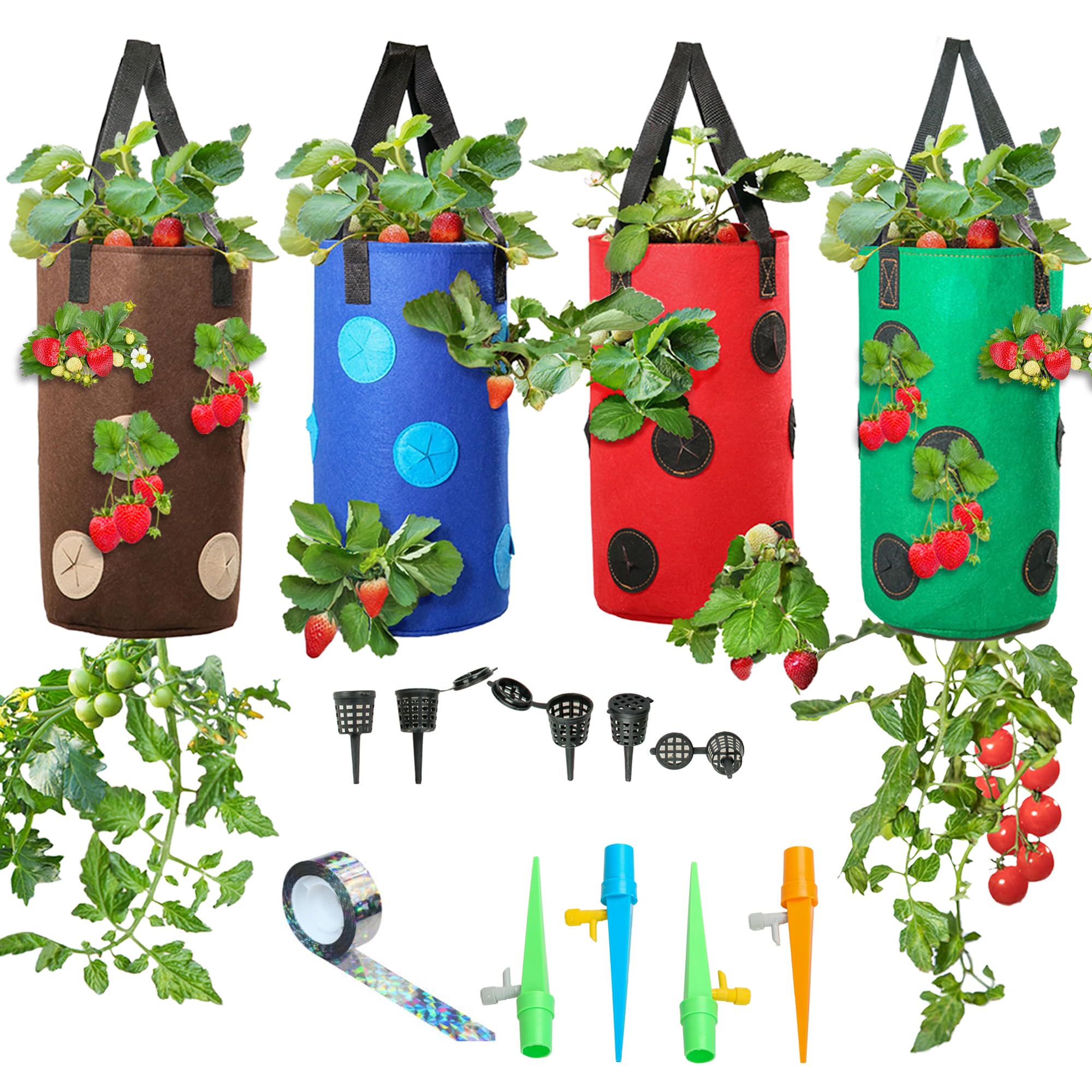 4 Piece Upside Down Strawberry & Tomato Planter - Hanging Grow Bags Kit - Strawberry Planter - Hanging Grow Bags