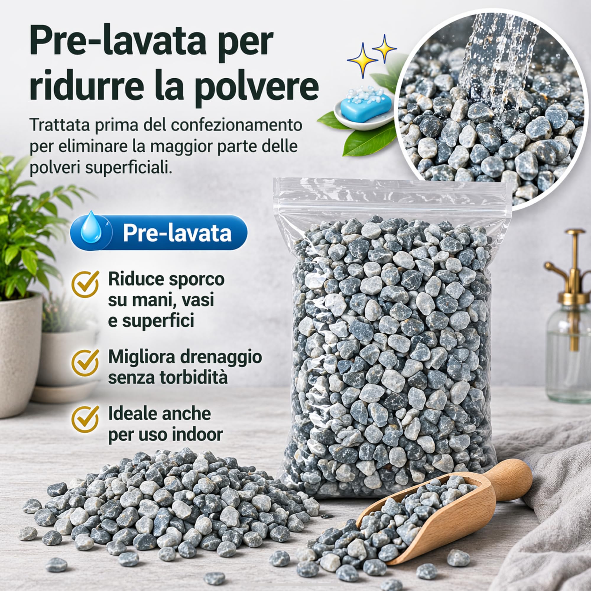 Ghiaia Decorativa Marmo Bardiglio Grigio 7–15 mm Pre-Lavata – Ideale per Vasi, Aiuole e Giardino – Riduce Polvere e Migliora Drenaggio – Clorophilla (GRIGIO 1,8 KG)