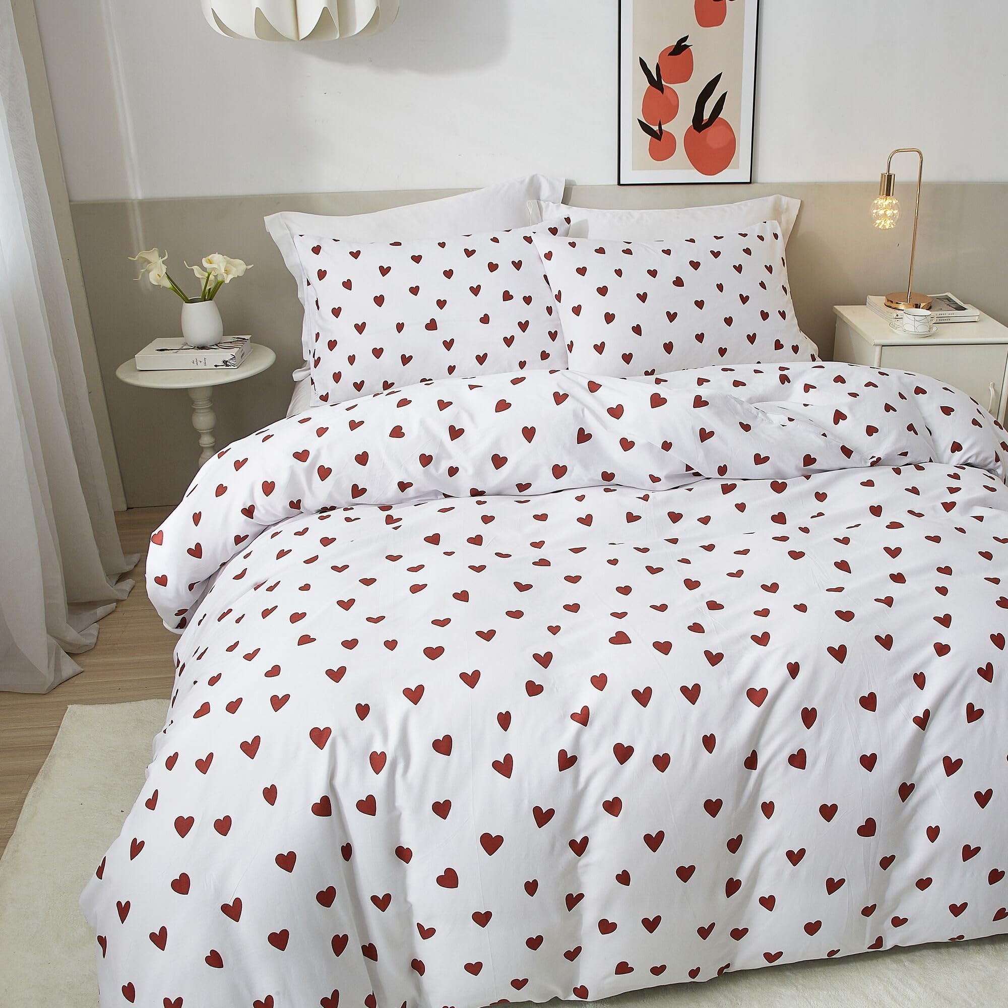 Red Heart Duvet Cover Sets King Size 100% Cotton Love Heart Duvet Cover White Pattern Print 3pcs Modern Bedding Set with Zipper Closure Corner Ties,Soft,Easy Care,Breathable
