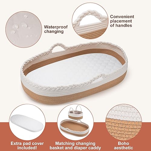 Miniatura 2 de Cesta cambiadora para bebé, cesta de moisés, almohadilla de espuma, 2 fundas lavables e impermeables, organizador de pañales a juego, bolsa de tela