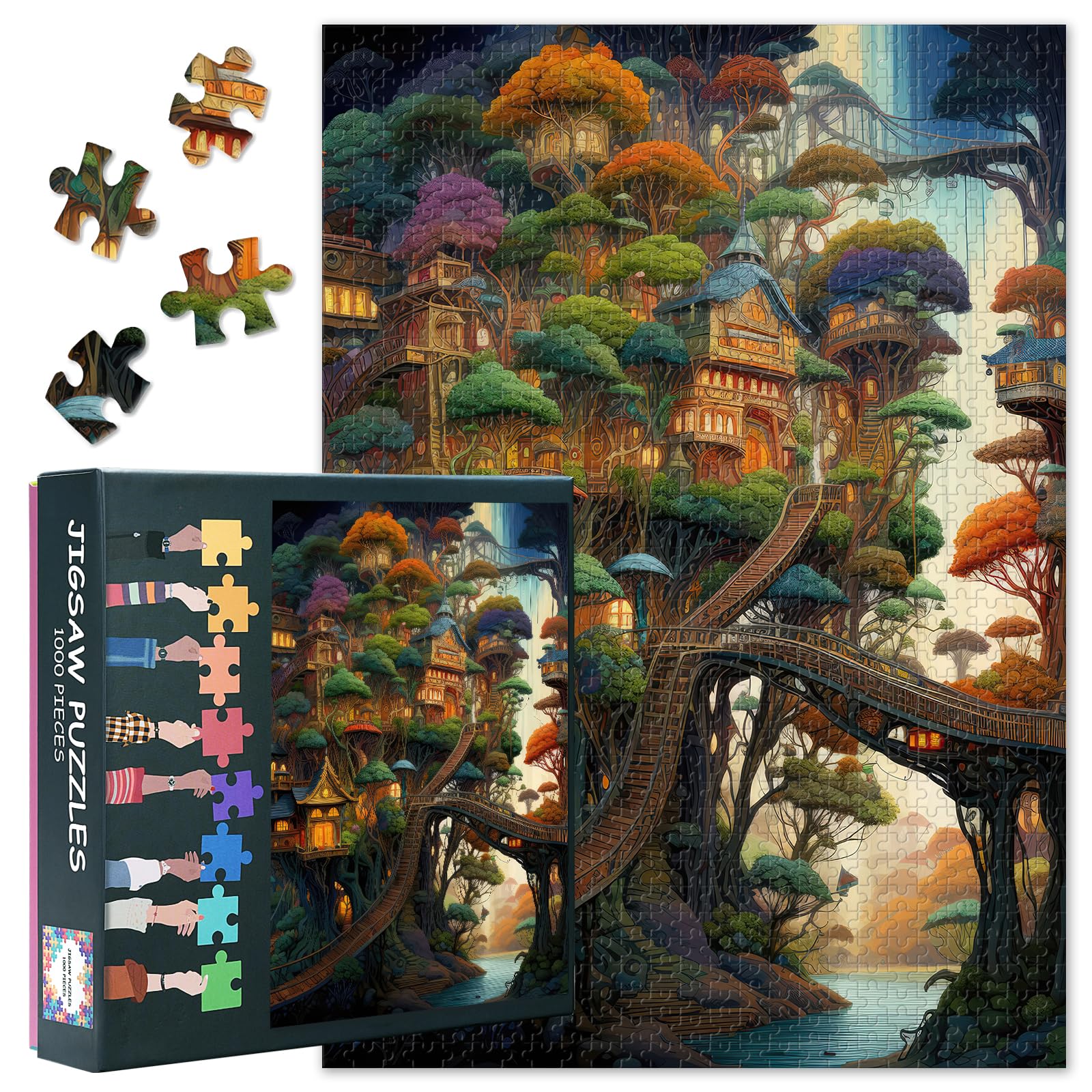 1000 Pieces Elaborate Tree Houses Jigsaw Puzzles for Adults Difficult Challenging Puzzle Foliage Tree Houses Puzzles Artwork Home Wall Decor as Gifts for Puzzle Lovers 27.5"X19.7"