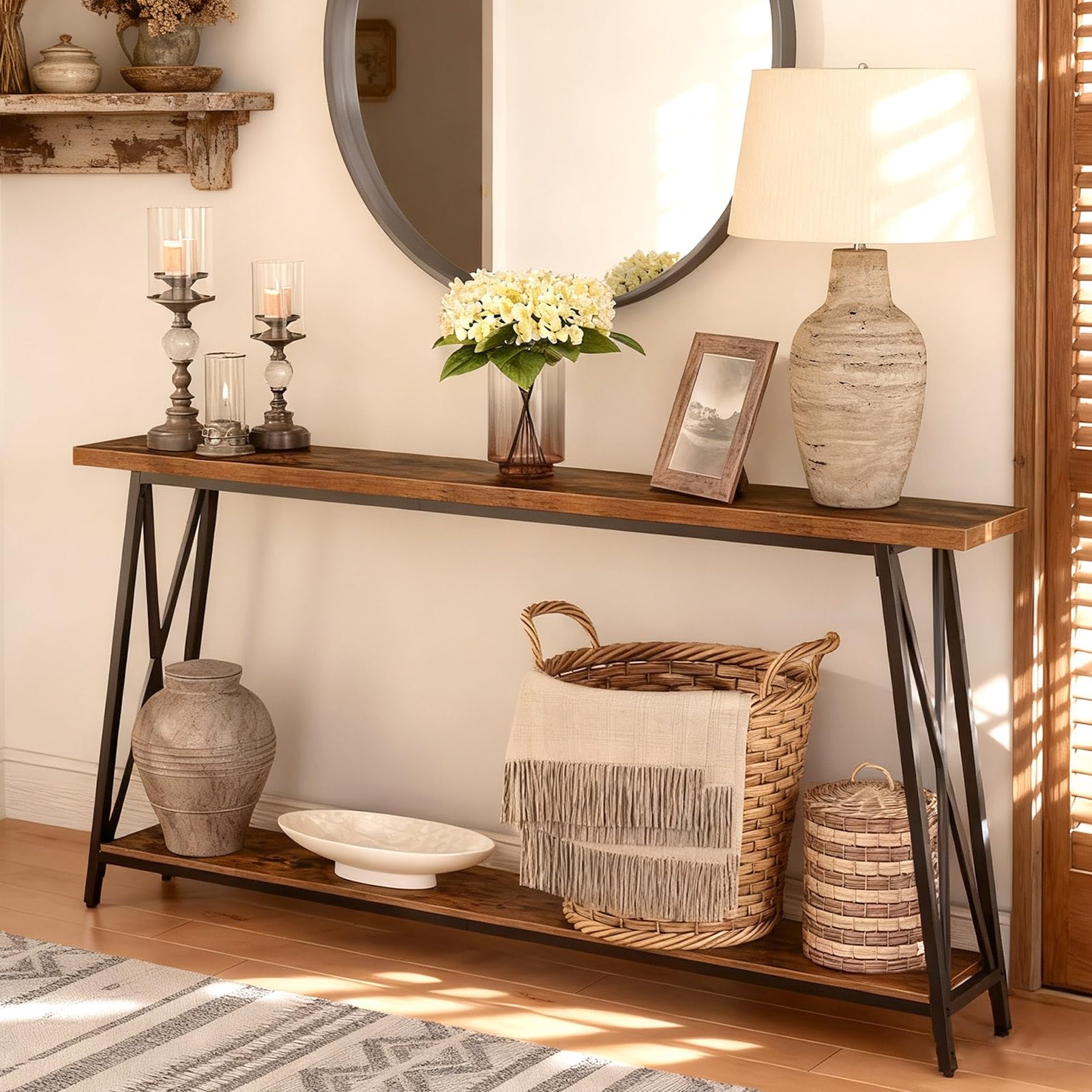 63 Solid Wood Entryway Table Narrow with Shelves 2-Tier Storage Long Couch Table Behind Sofa Console Tables for