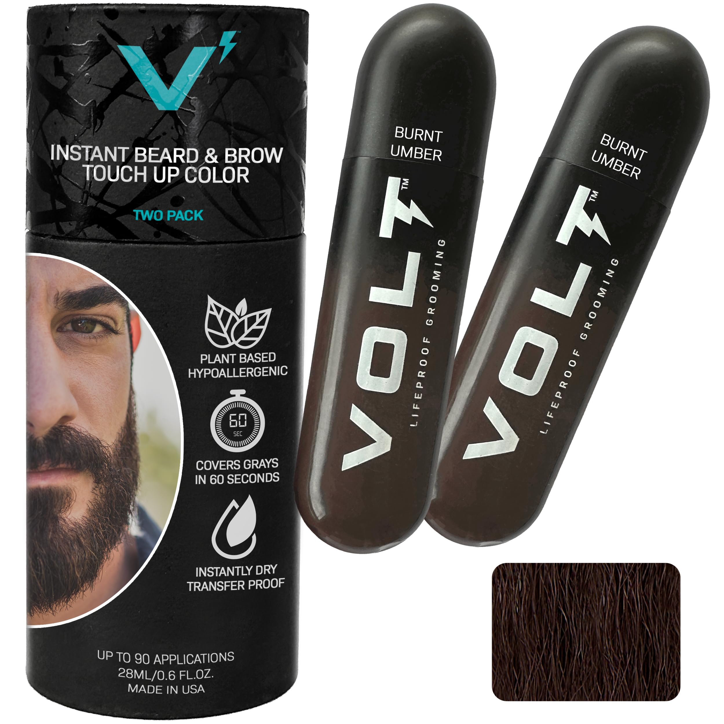Grooming Temporary Instant Beard Color ECO 2 Pack Refill - Quick Drying Plant Based Hypoallergenic Brush on Color for Beards, Mustaches, and Eyebrows, Burnt Umber (Deep Dark Brown)
